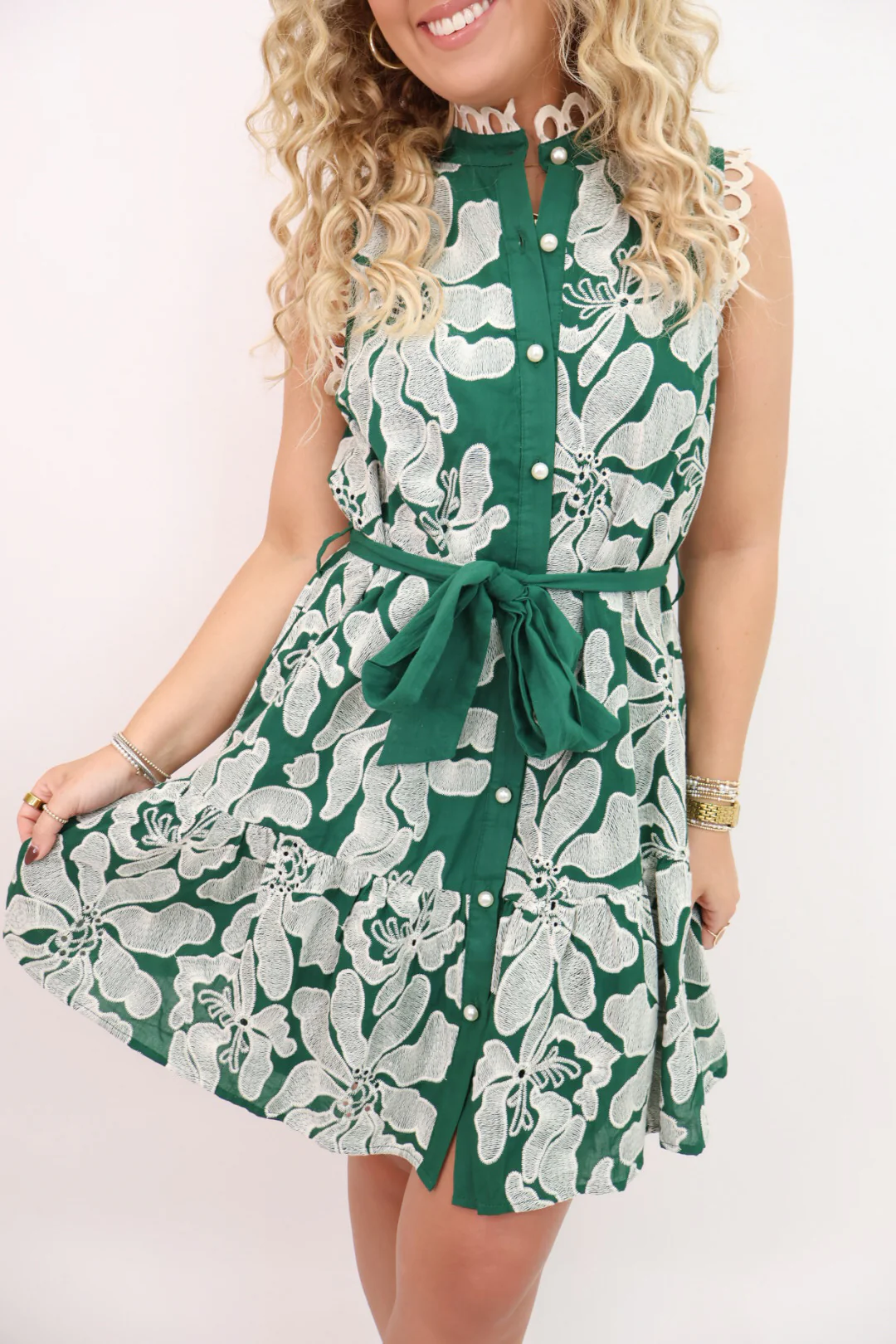 Embroidered Button Front Dress - Green