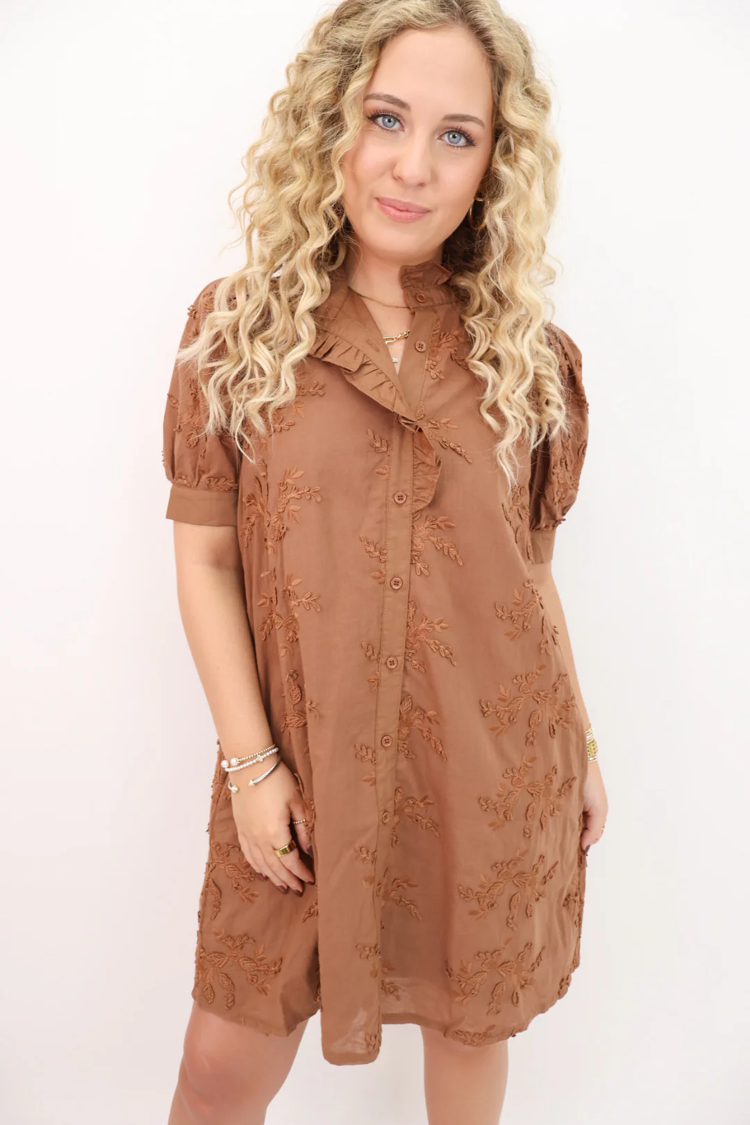 Embroidered Fall Dress - Mocha Brown