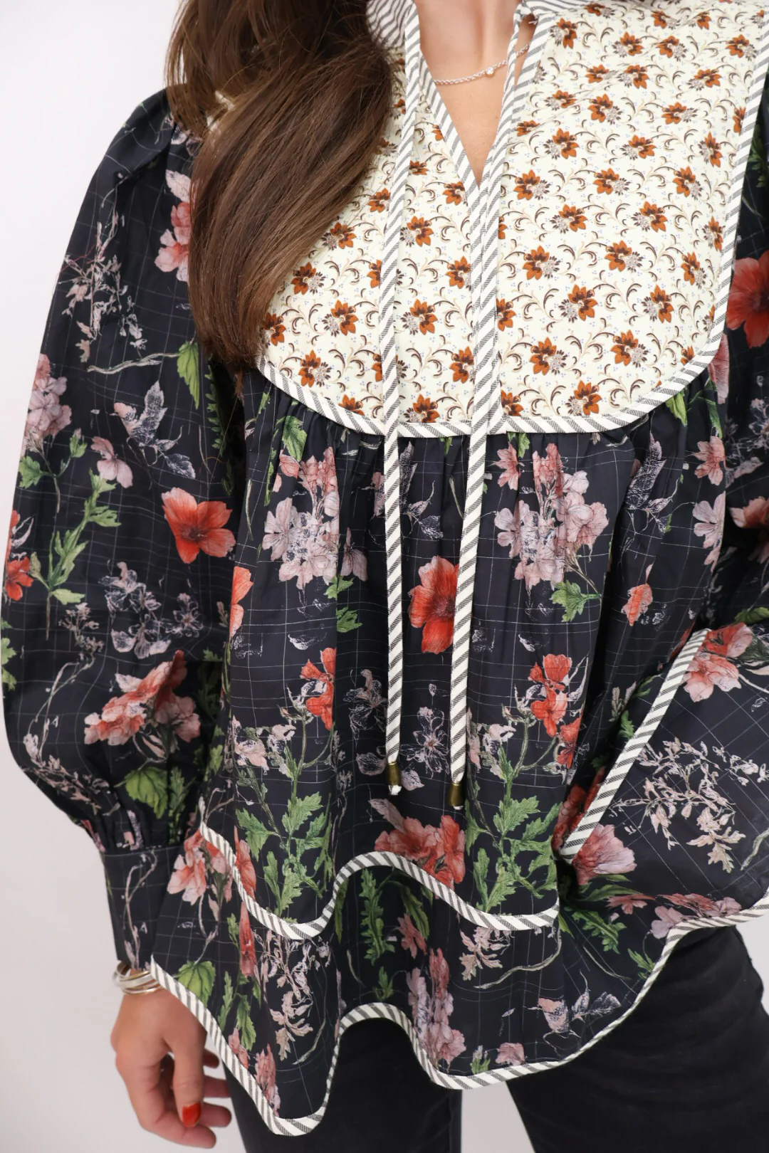 Black Floral Contrast Collar Top