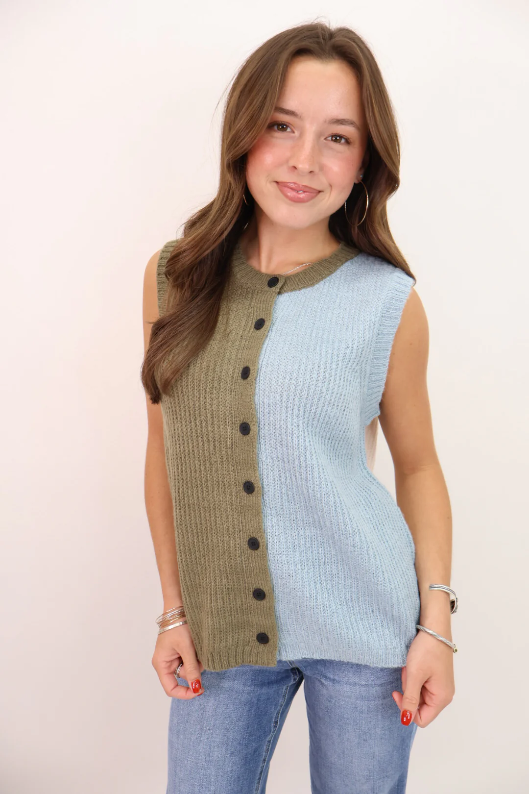 Color Block Button-Front Sweater Vest