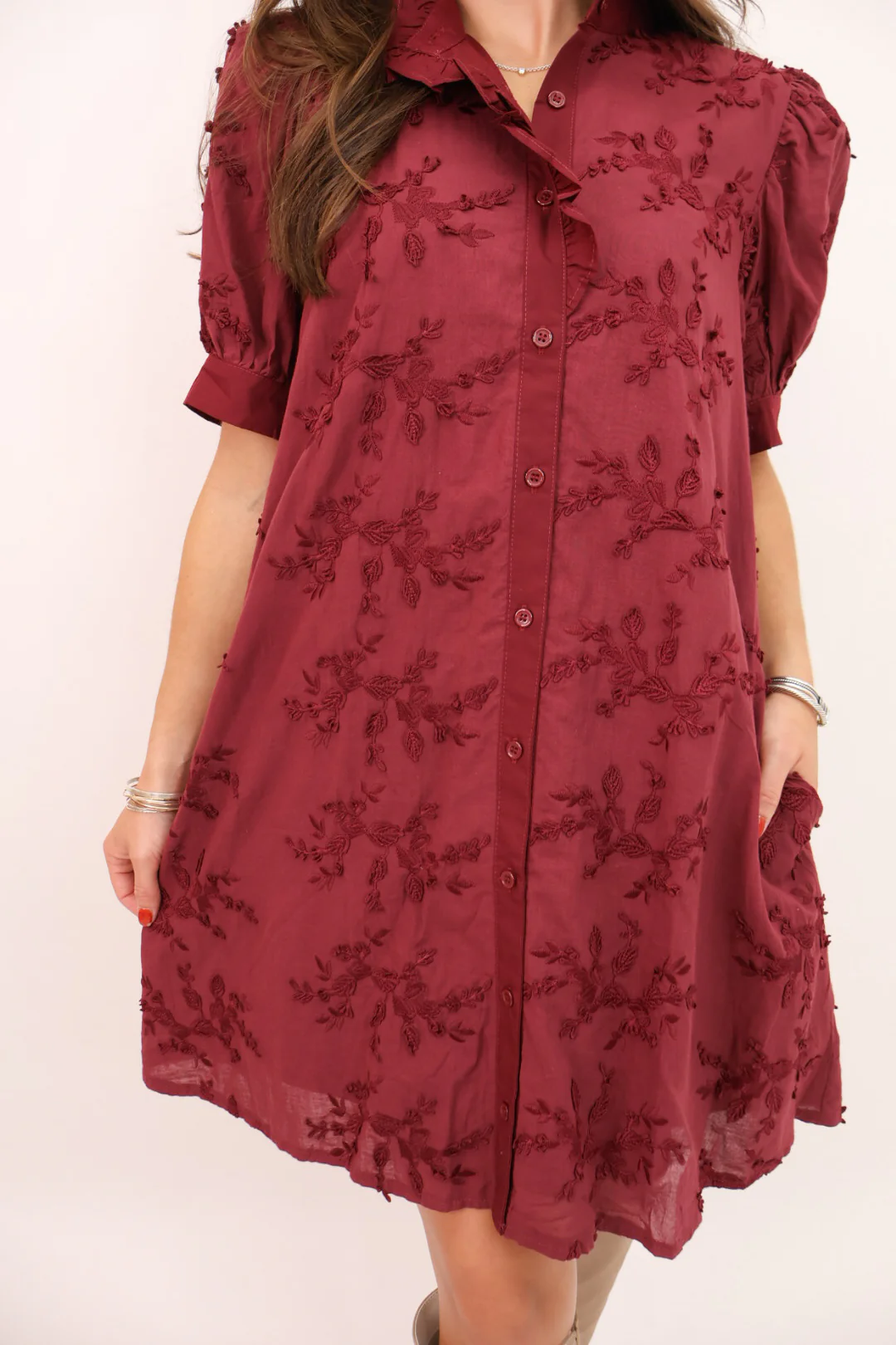 Embroidered Fall Dress - Burgundy