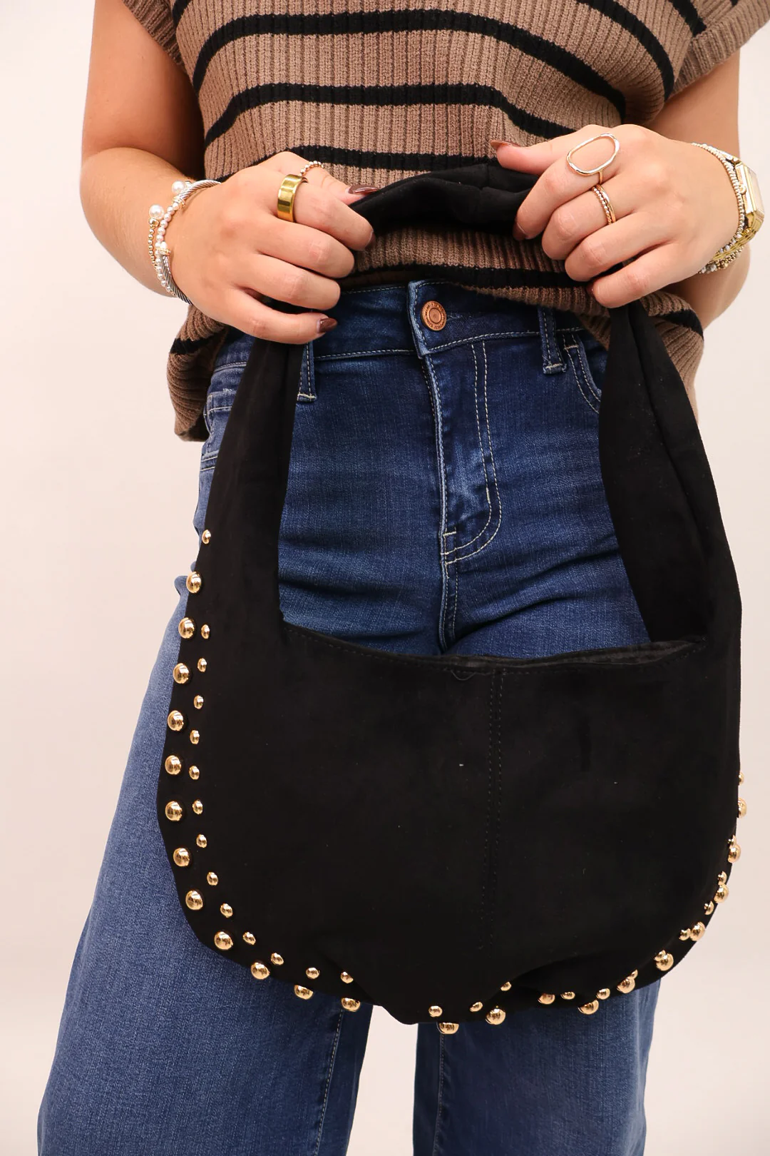 Black Faux Suede Studded Bag