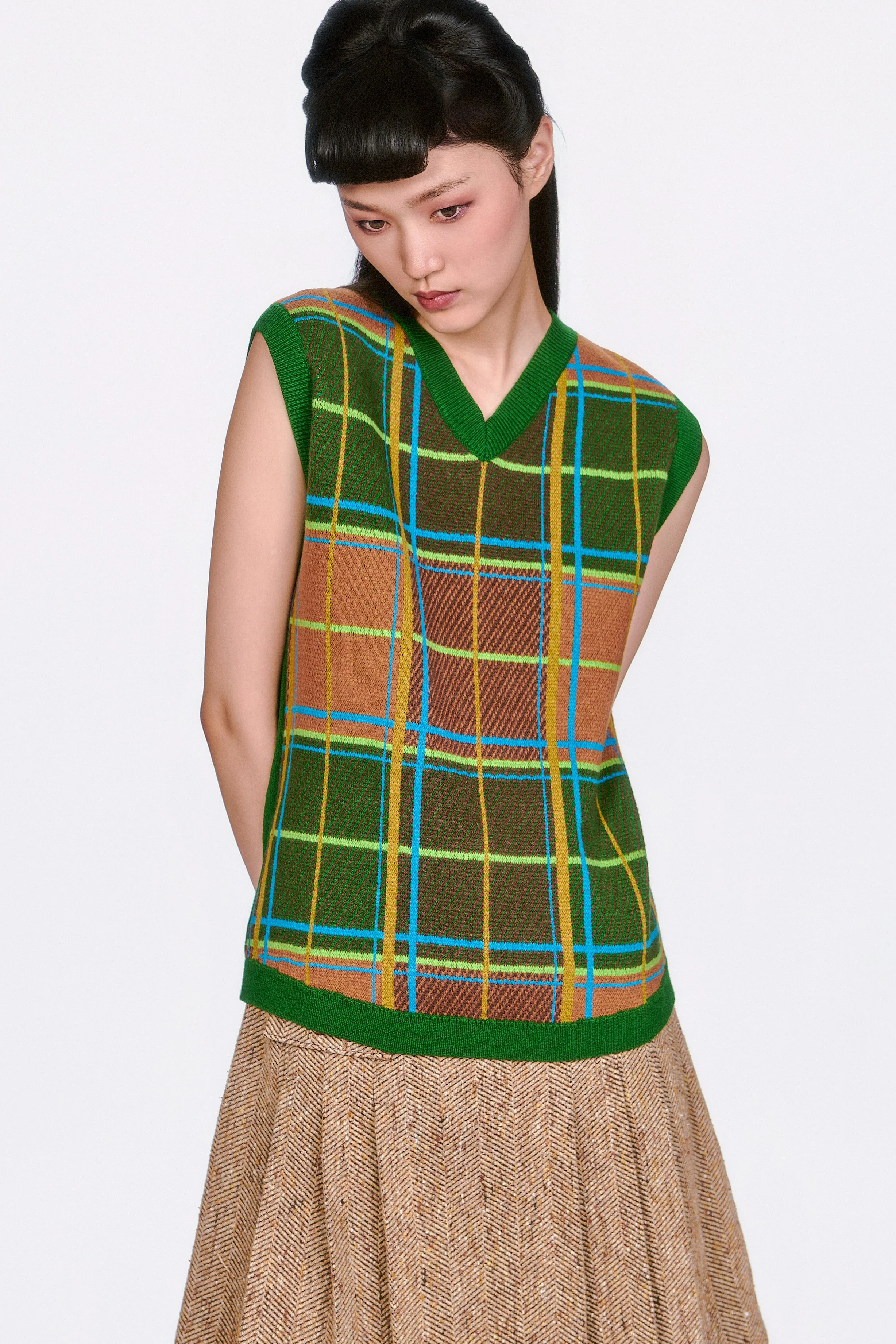 Plaid Sweater Vest - Leaf Green