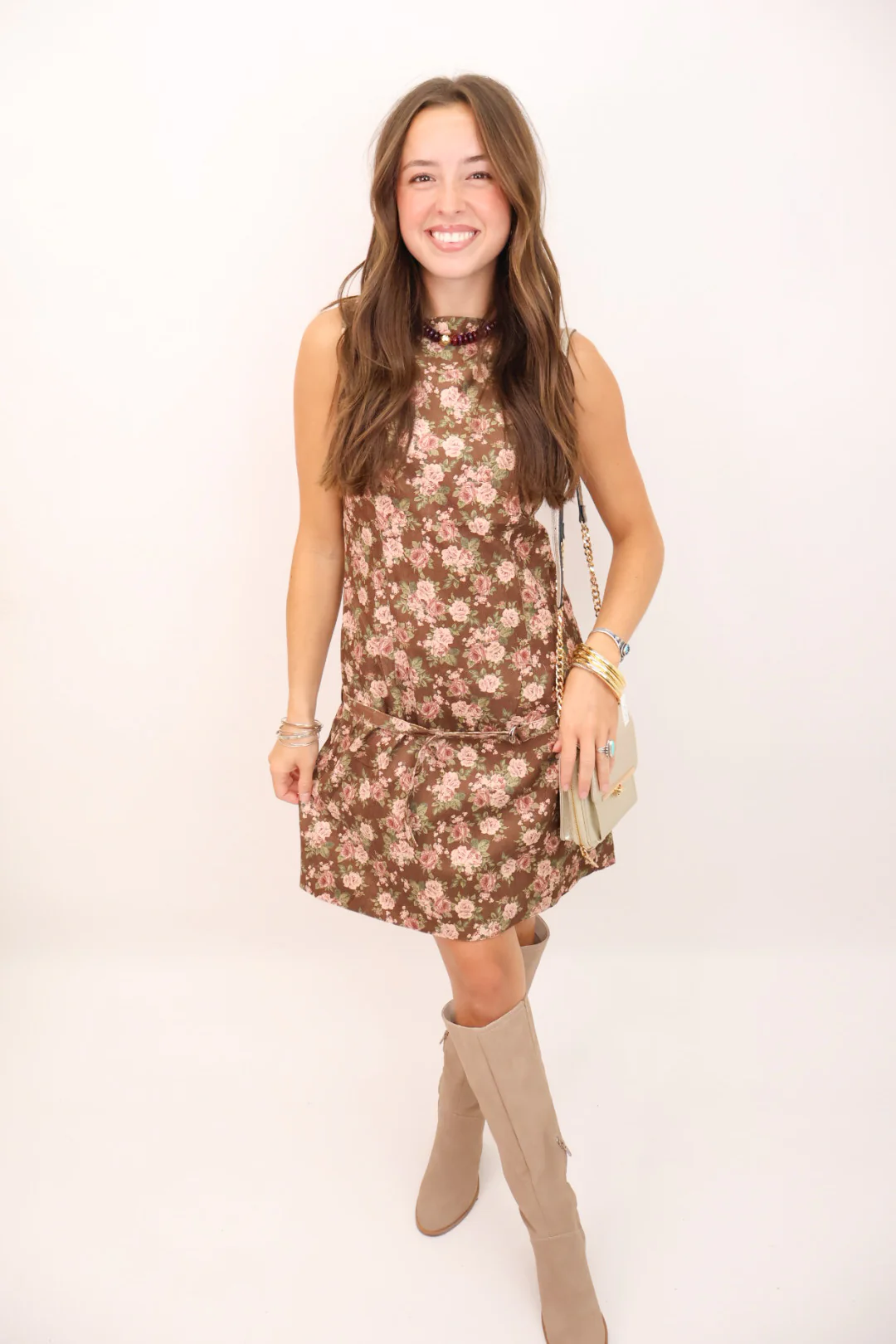 Floral Corduroy Drop-Waist Belt Dress
