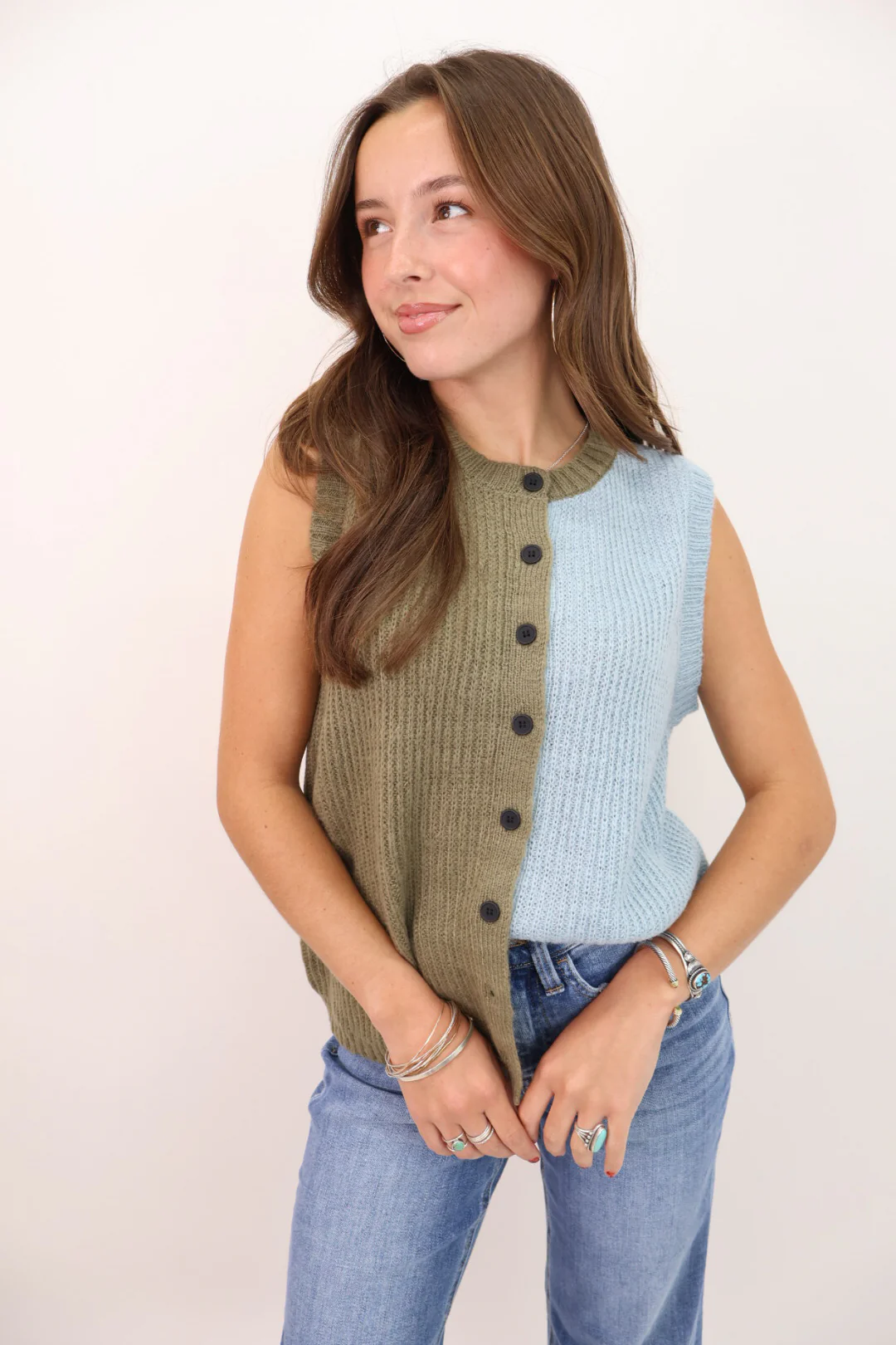 Color Block Button-Front Sweater Vest