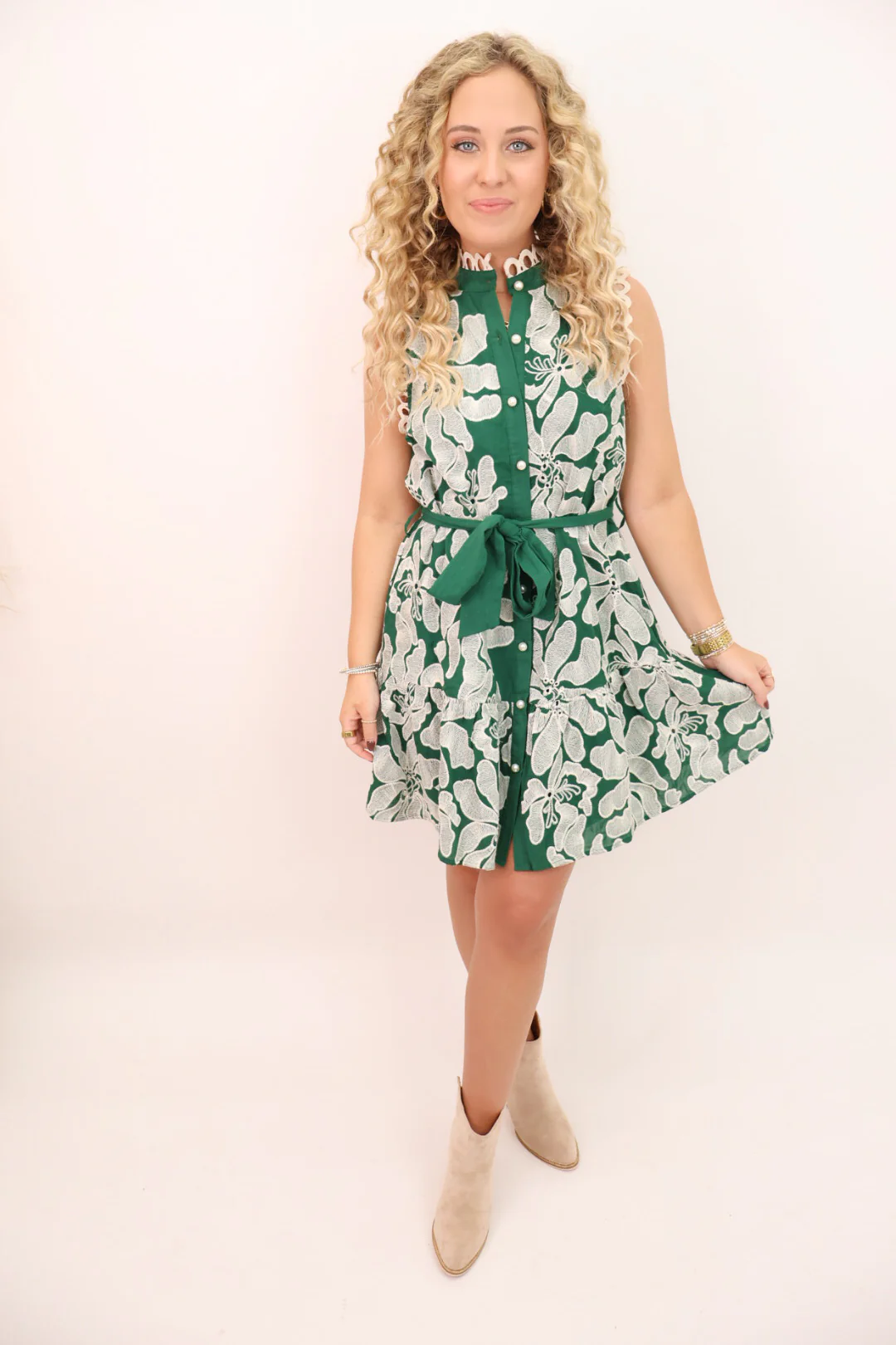 Embroidered Button Front Dress - Green