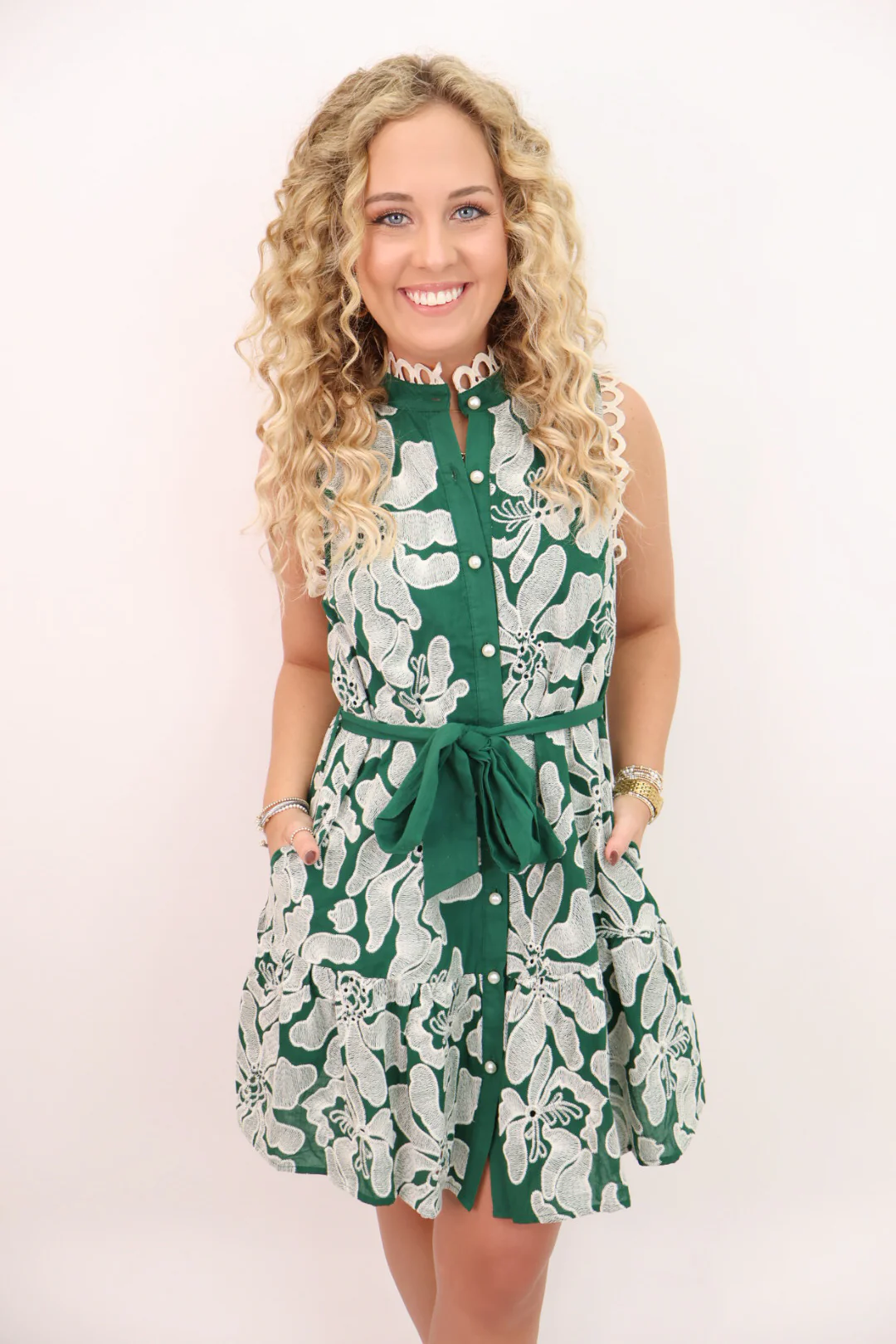 Embroidered Button Front Dress - Green