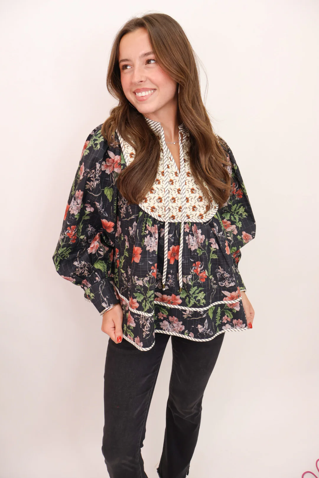 Black Floral Contrast Collar Top