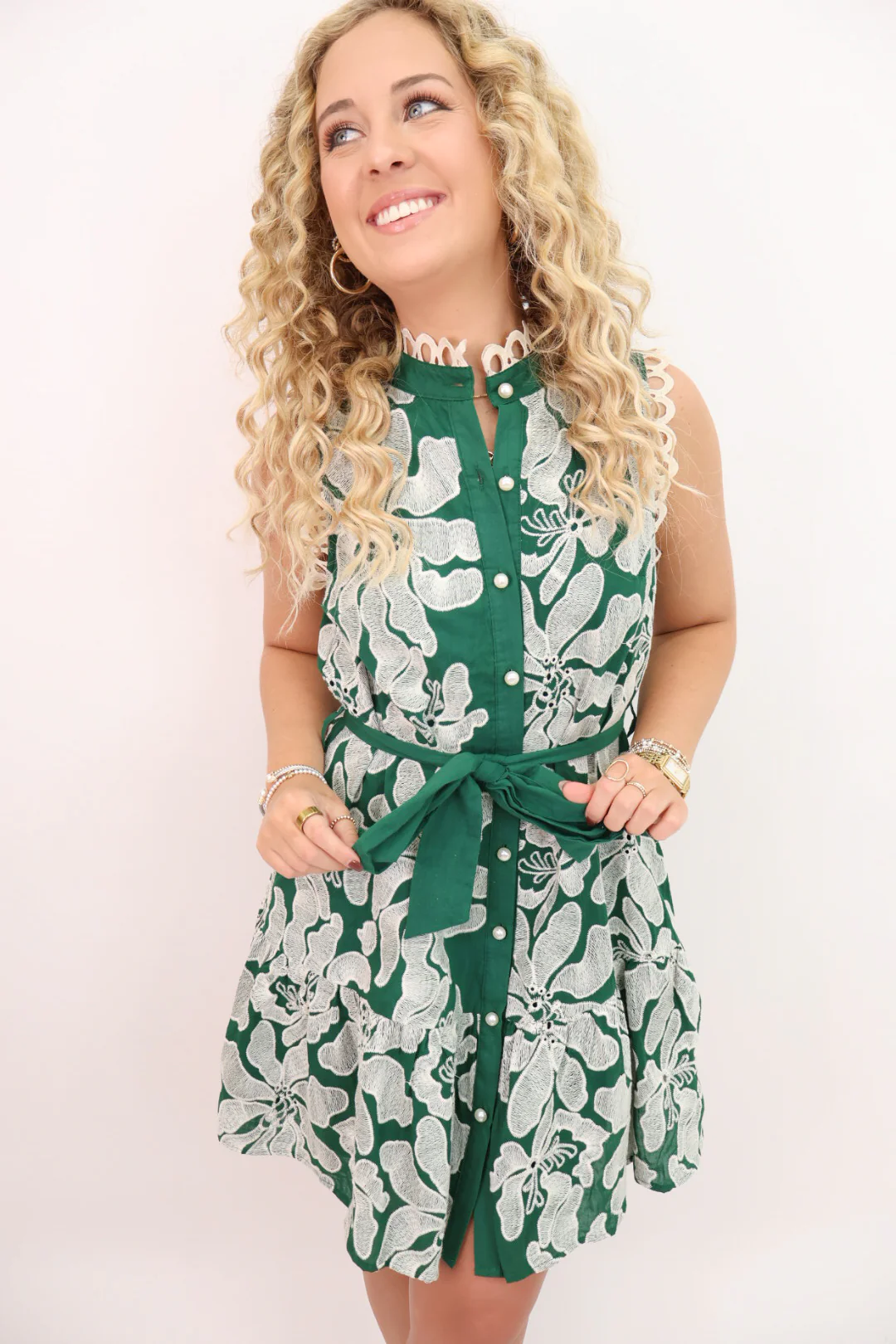 Embroidered Button Front Dress - Green