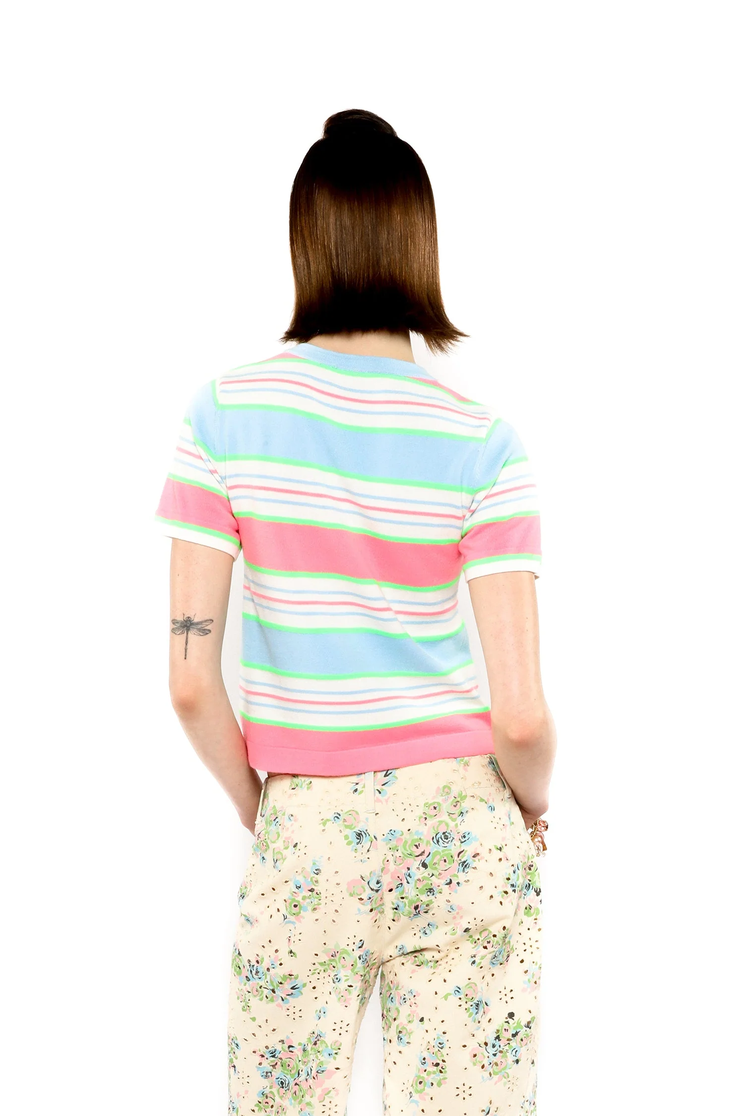Fluorescent Stripe Short Sleeve Knit Top-Baby Blue