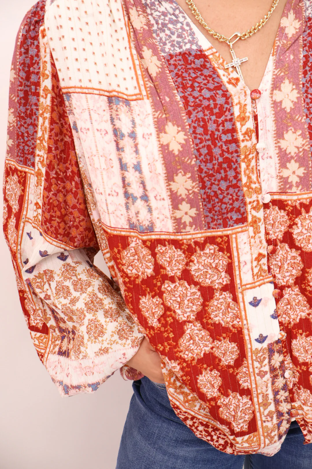Rust Patchwork Print Top