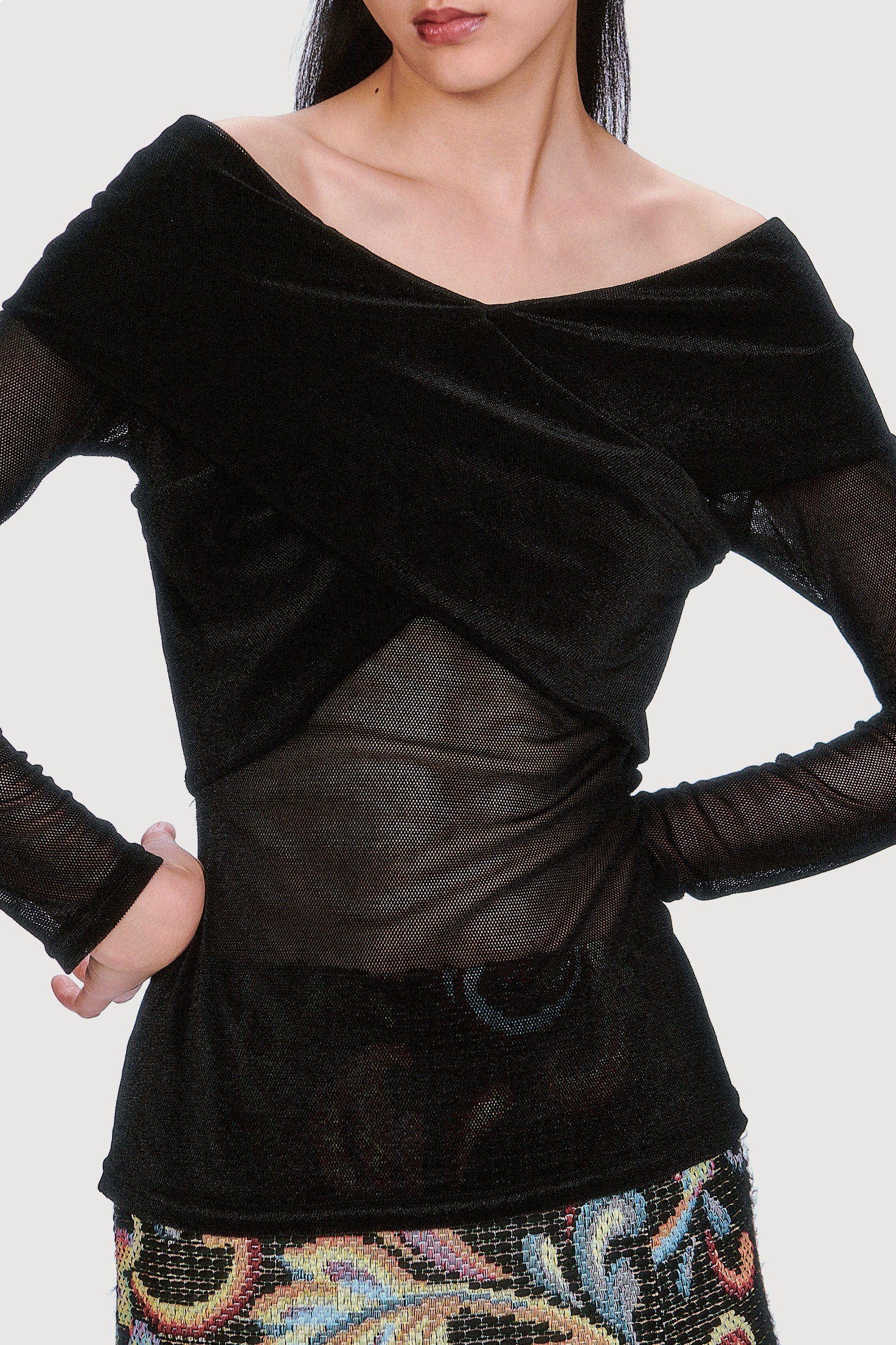 Velvet Mesh Off the Shoulder Top - Black