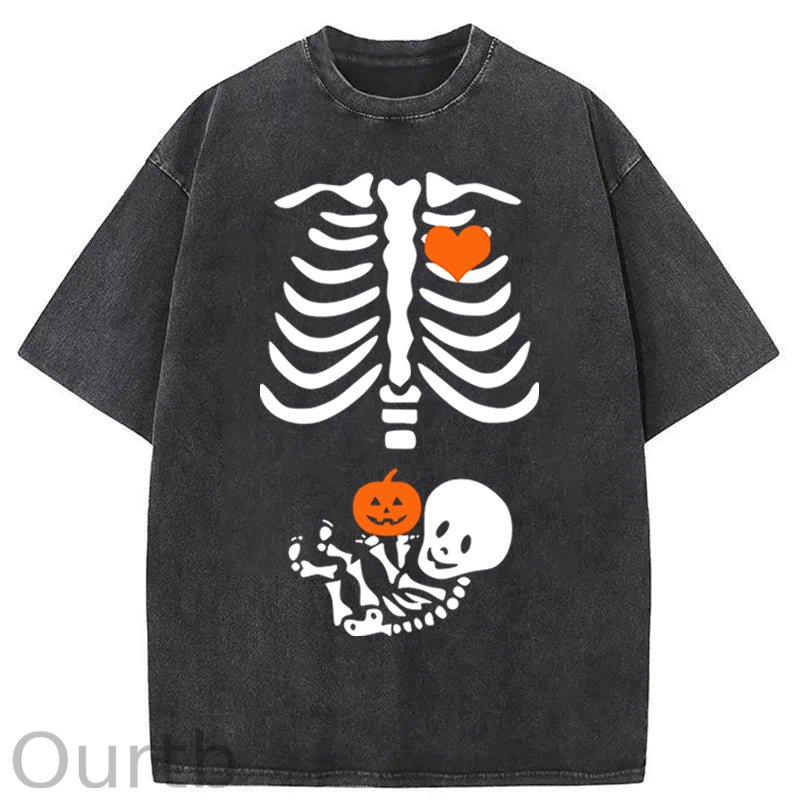 Skeleton Halloween Maternity Pregnancy Announcement Fall Mom Washed Cotton T-Shirt