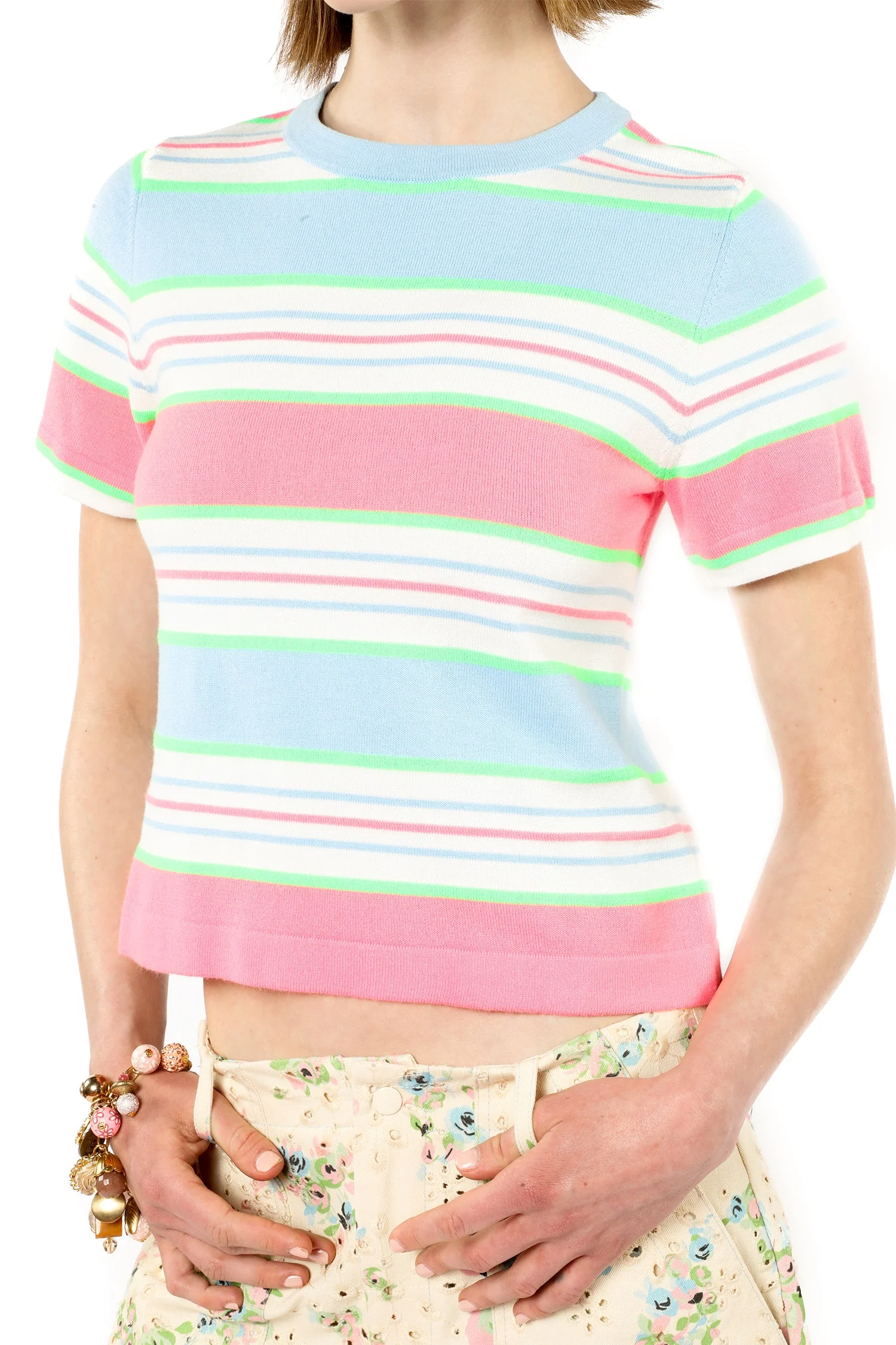 Fluorescent Stripe Short Sleeve Knit Top-Baby Blue