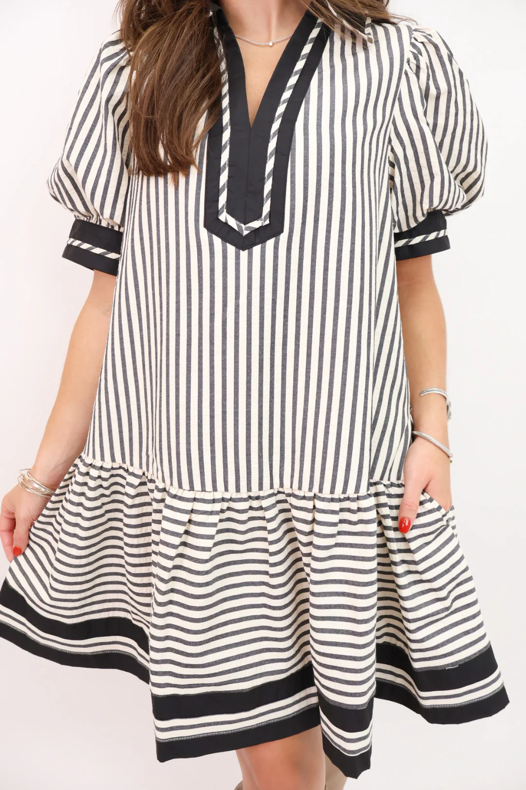 Black Striped Puff Sleeve Dress