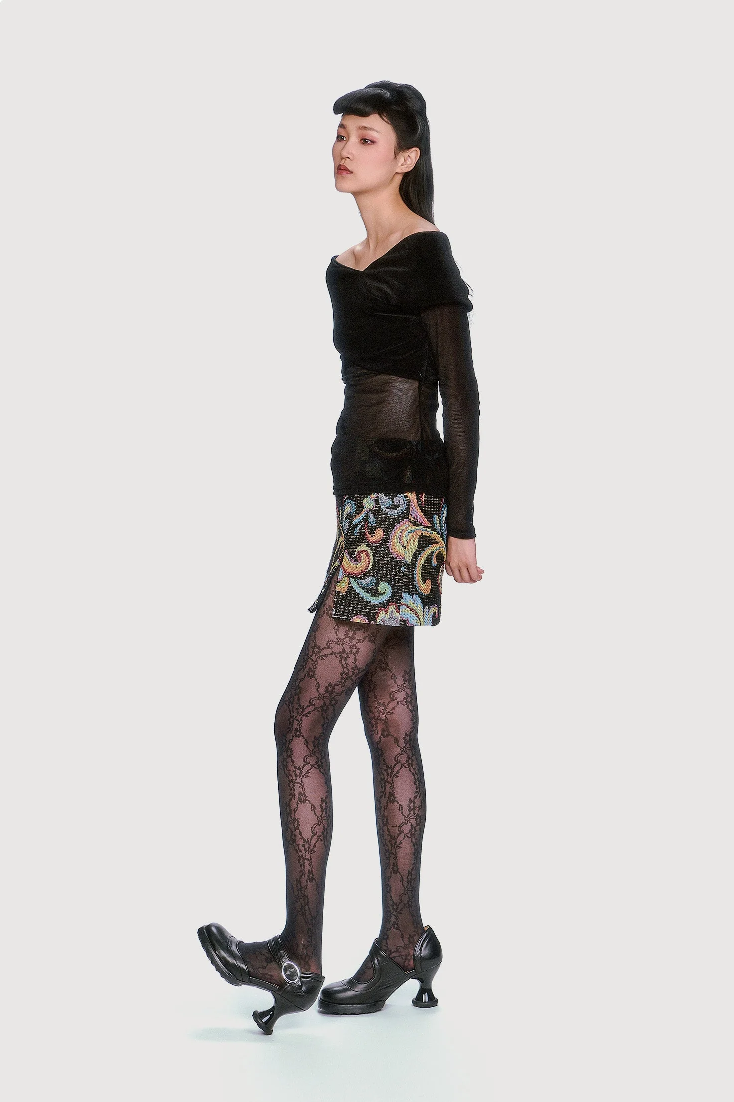 Velvet Mesh Off the Shoulder Top - Black