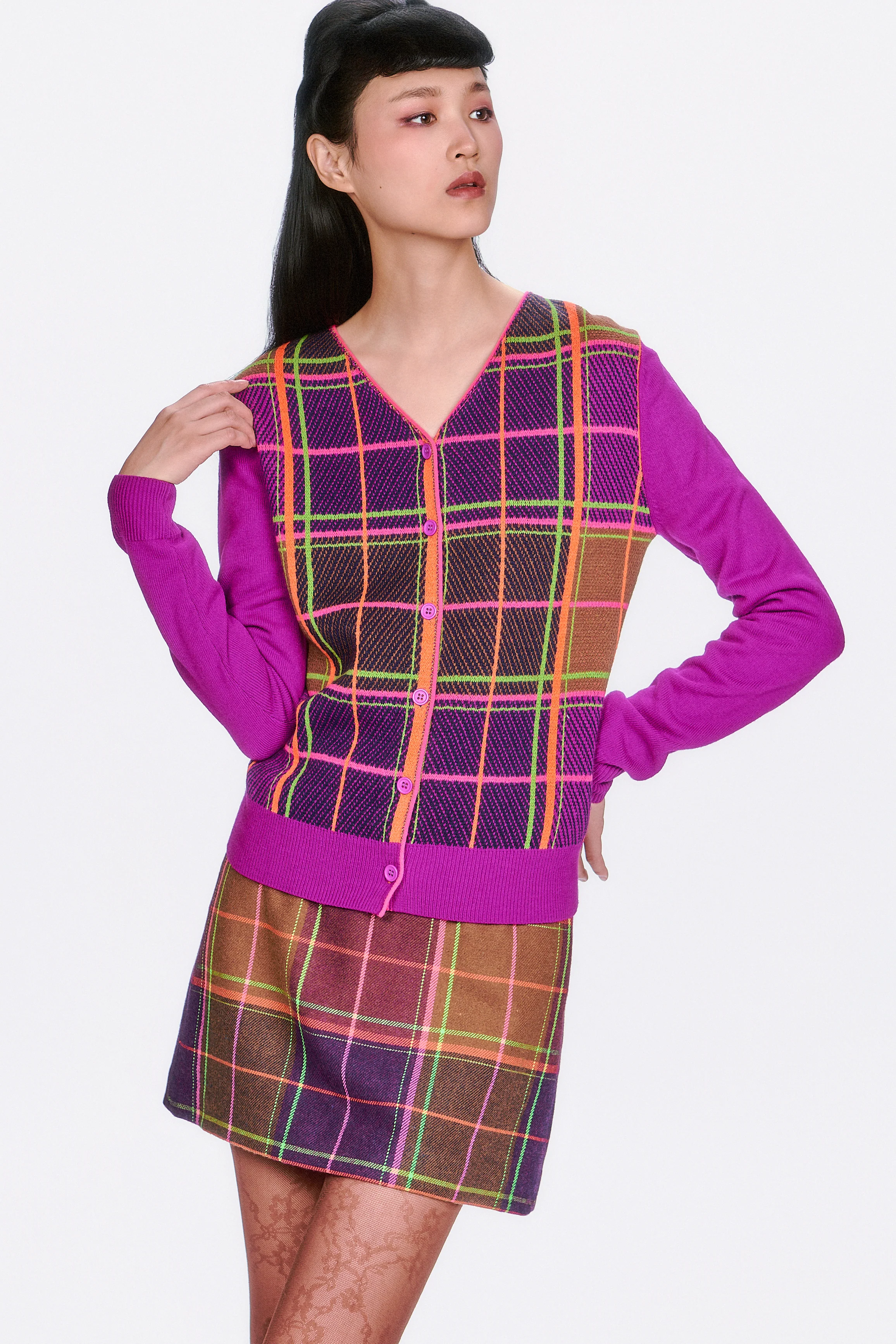 Plaid Cardigan - Magenta