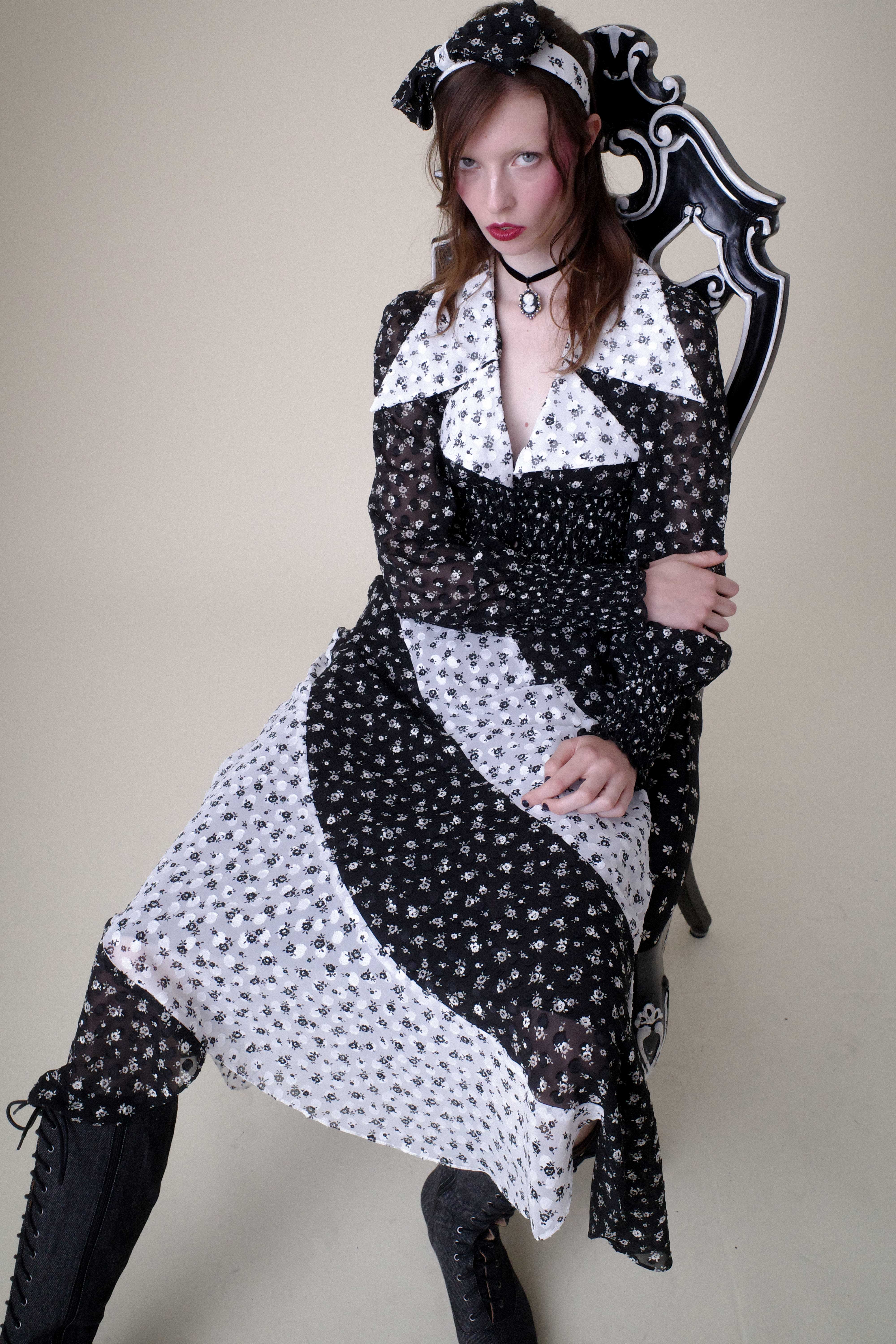 Ditsy Dot Chiffon Collared Smocked Top