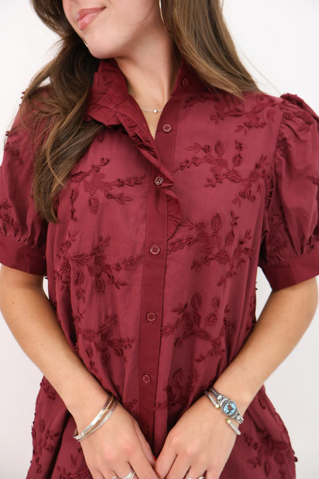 Embroidered Fall Dress - Burgundy