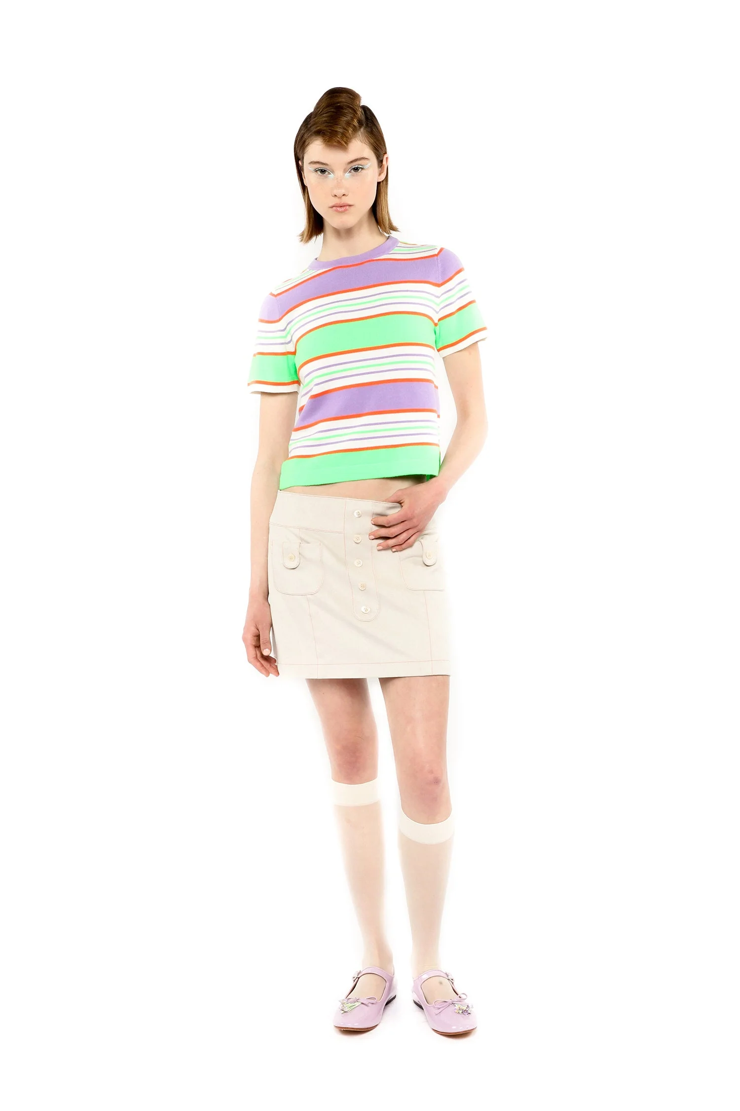 Fluorescent Stripe Short Sleeve Knit Top-Lavender