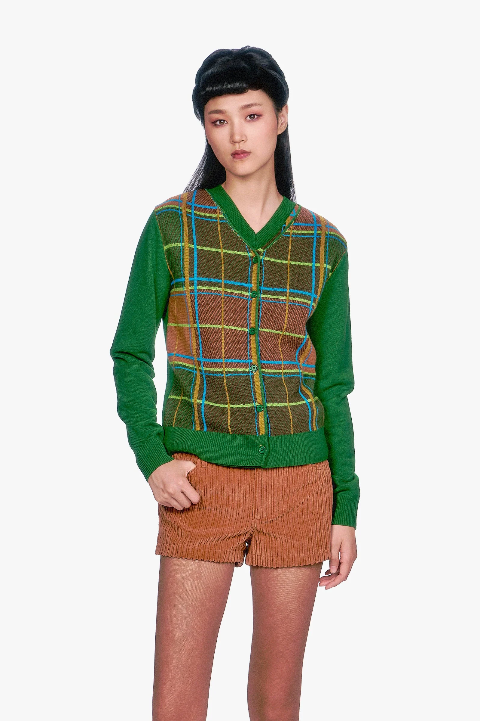 Plaid Cardigan - Leaf Green