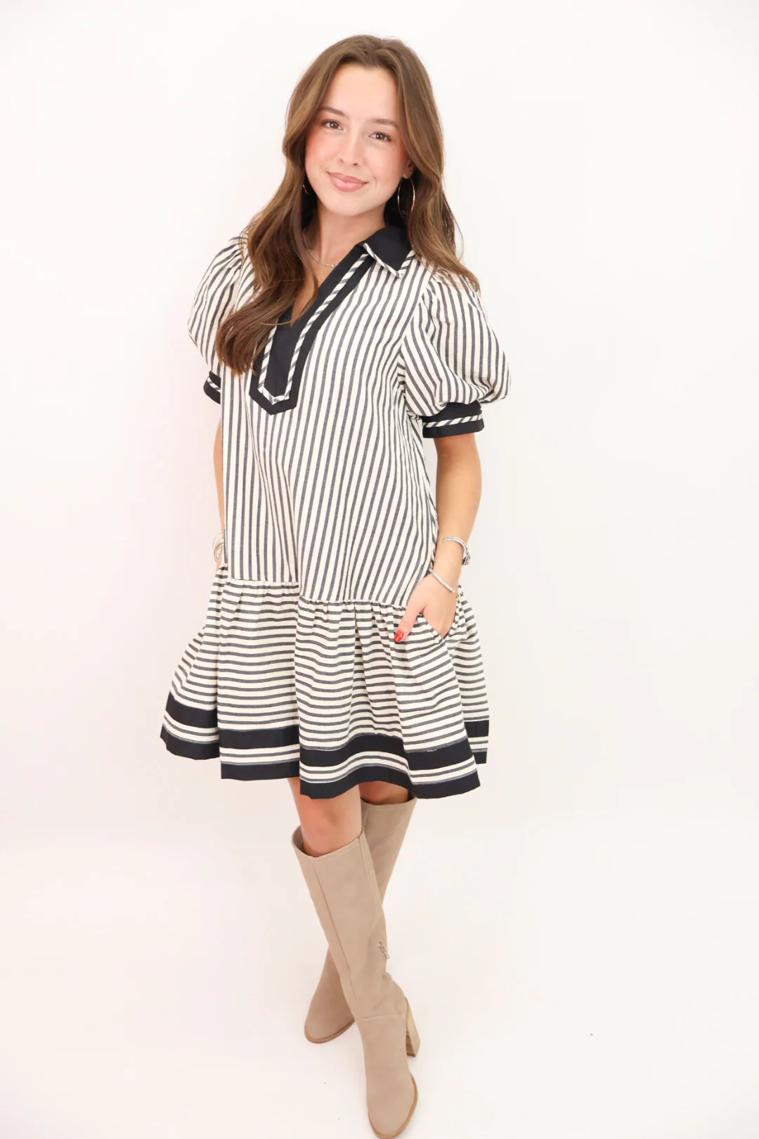 Black Striped Puff Sleeve Dress
