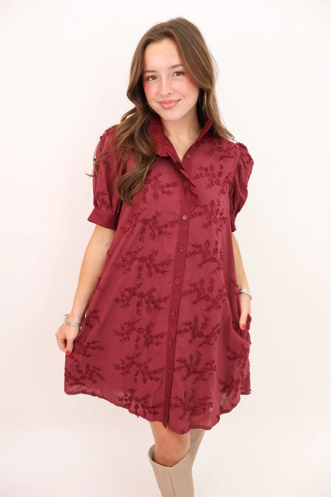 Embroidered Fall Dress - Burgundy