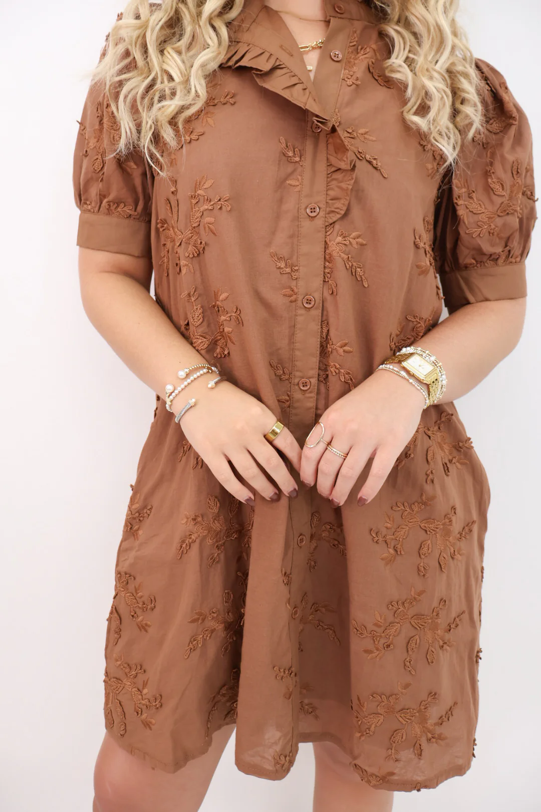 Embroidered Fall Dress - Mocha Brown