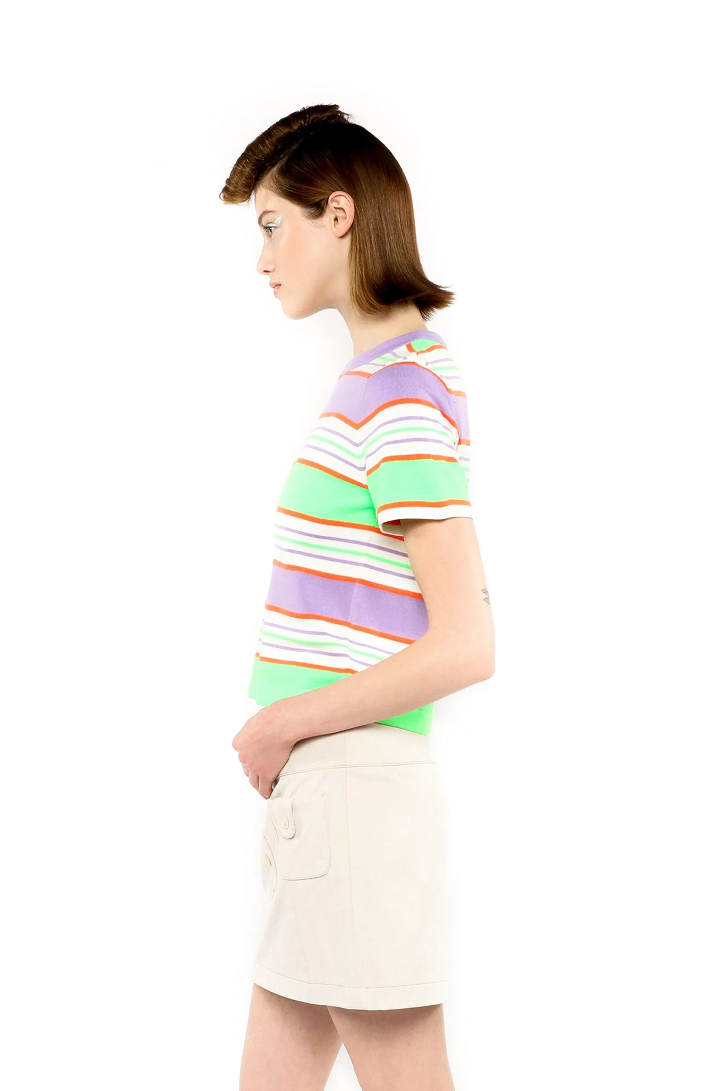 Fluorescent Stripe Short Sleeve Knit Top-Lavender