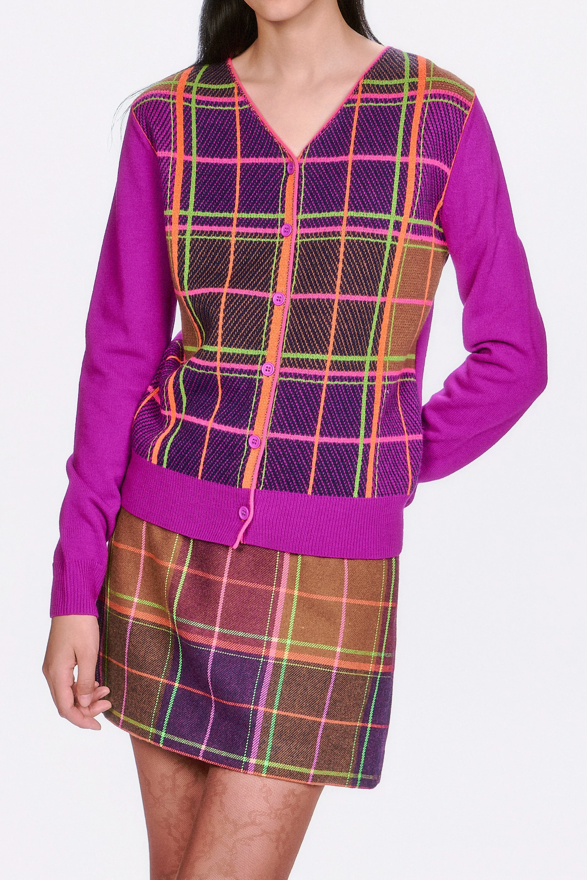 Plaid Cardigan - Magenta