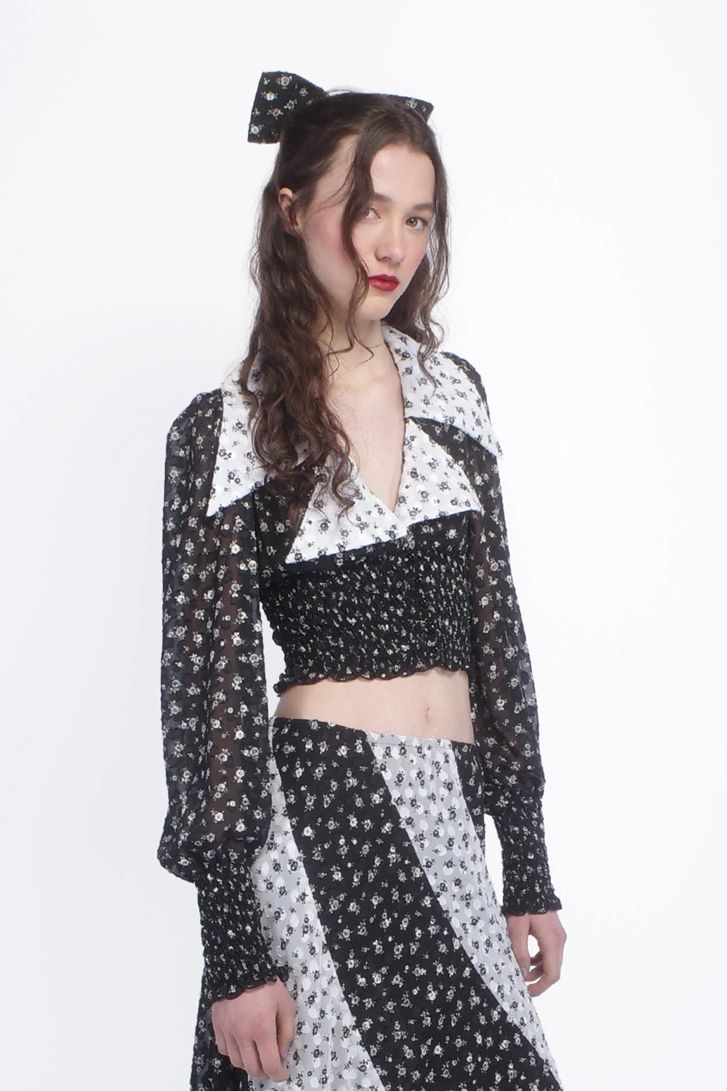 Ditsy Dot Chiffon Collared Smocked Top