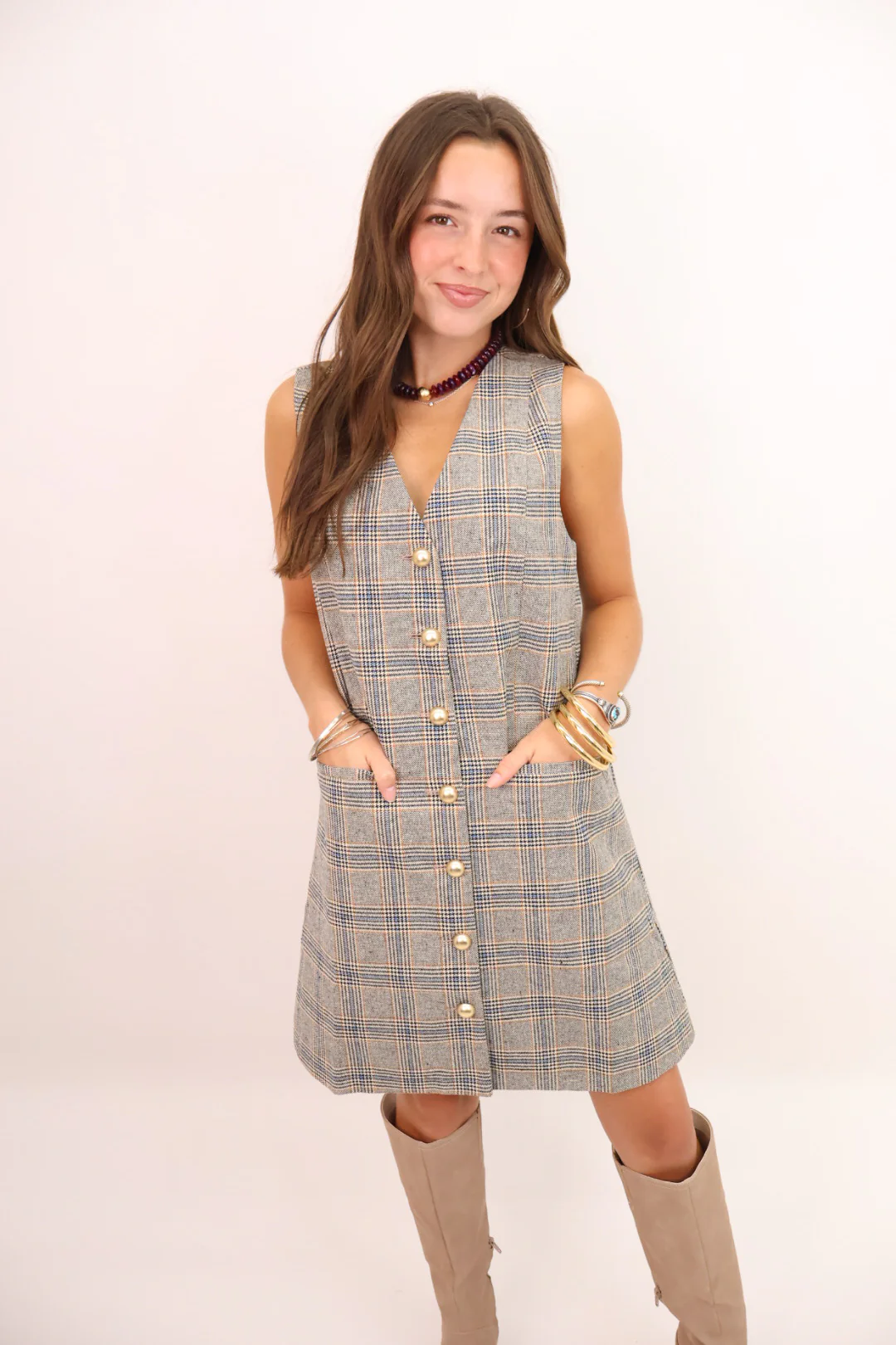 Plaid Button-Front Tailored Dress