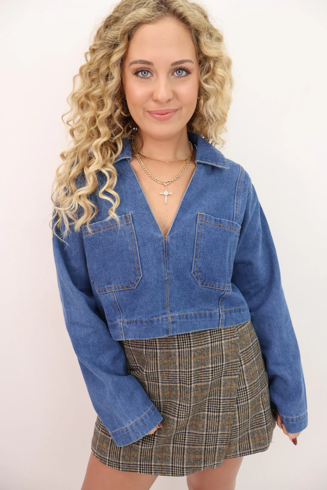 Cropped Denim Long Sleeve Top