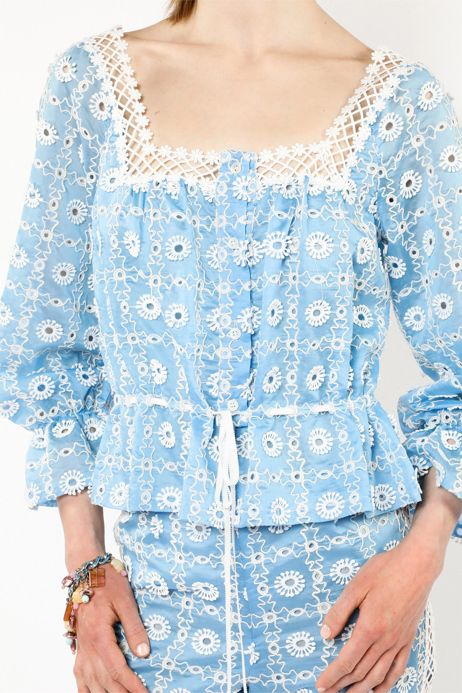 Lattice Lace Embroidery Tie Blouse