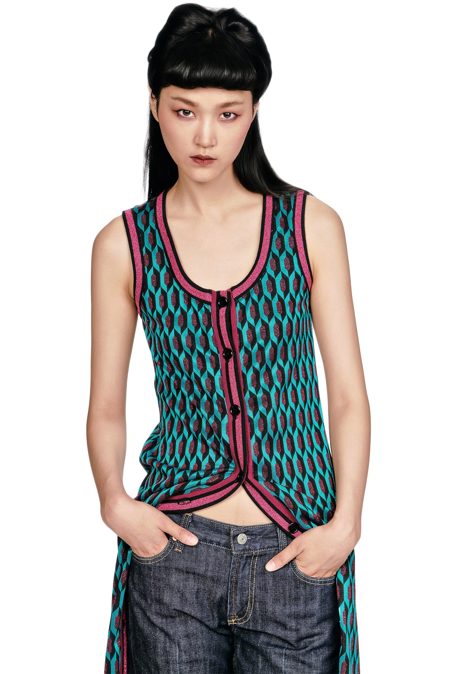 Glitter Geo Jacquard Long Vest