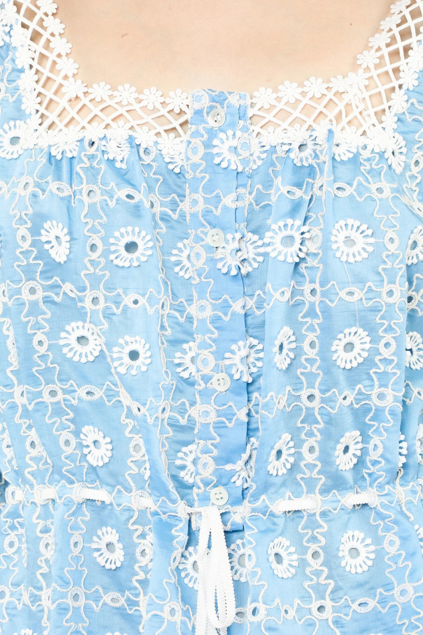 Lattice Lace Embroidery Tie Blouse