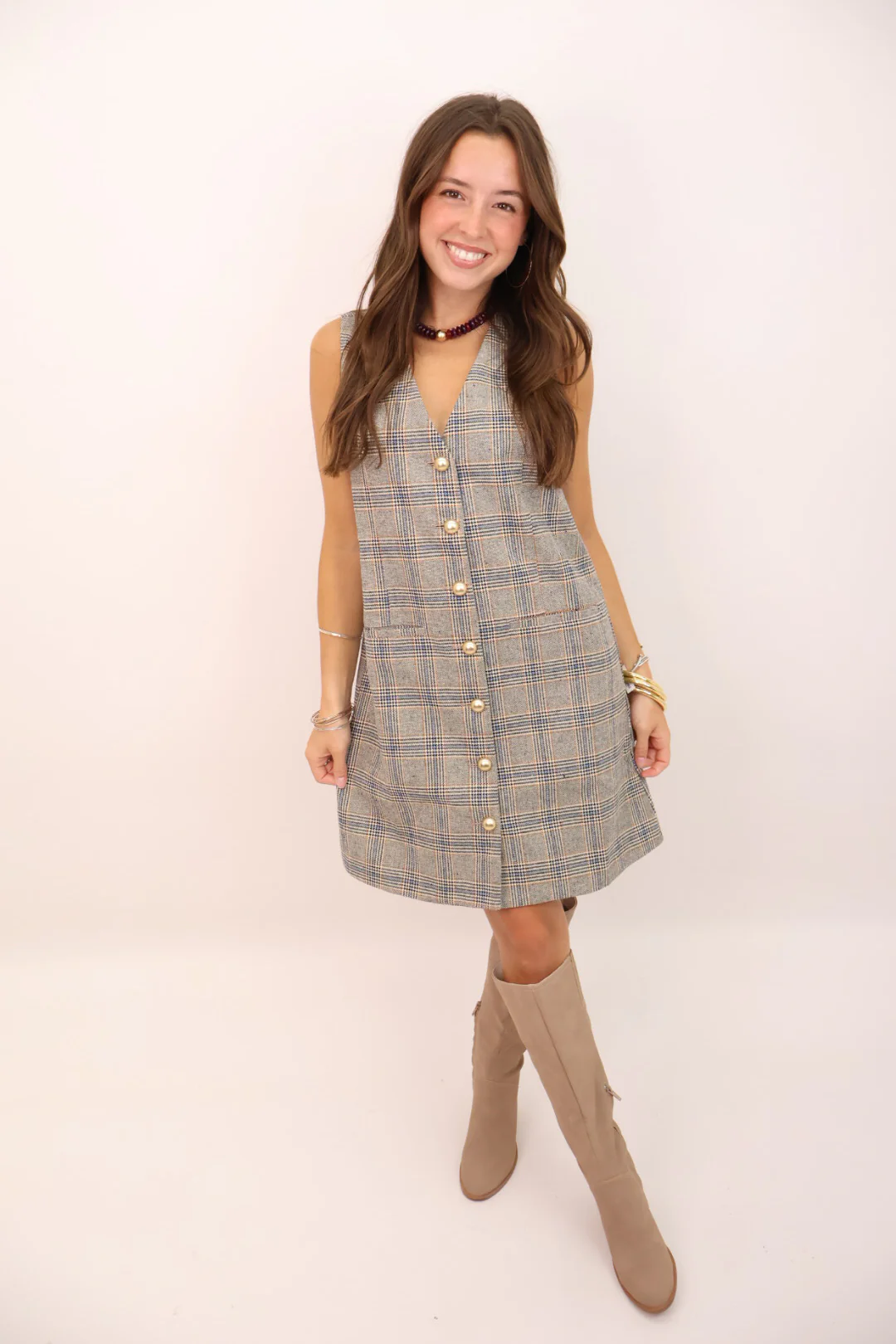 Plaid Button-Front Tailored Dress
