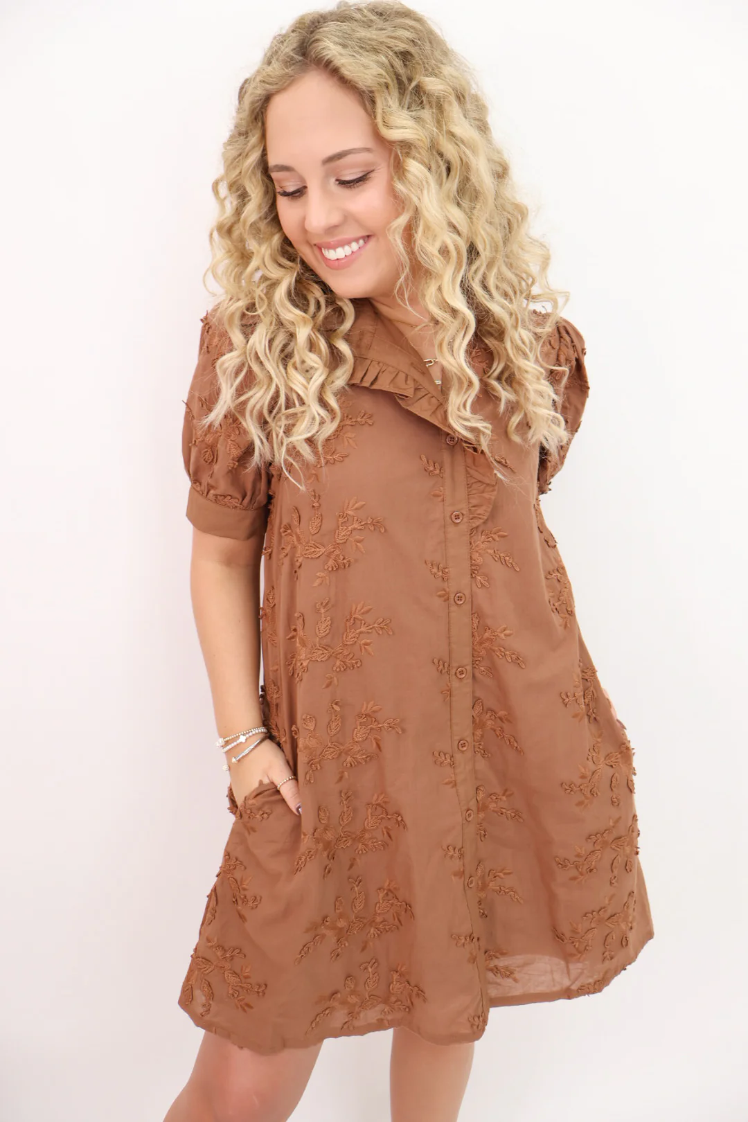 Embroidered Fall Dress - Mocha Brown