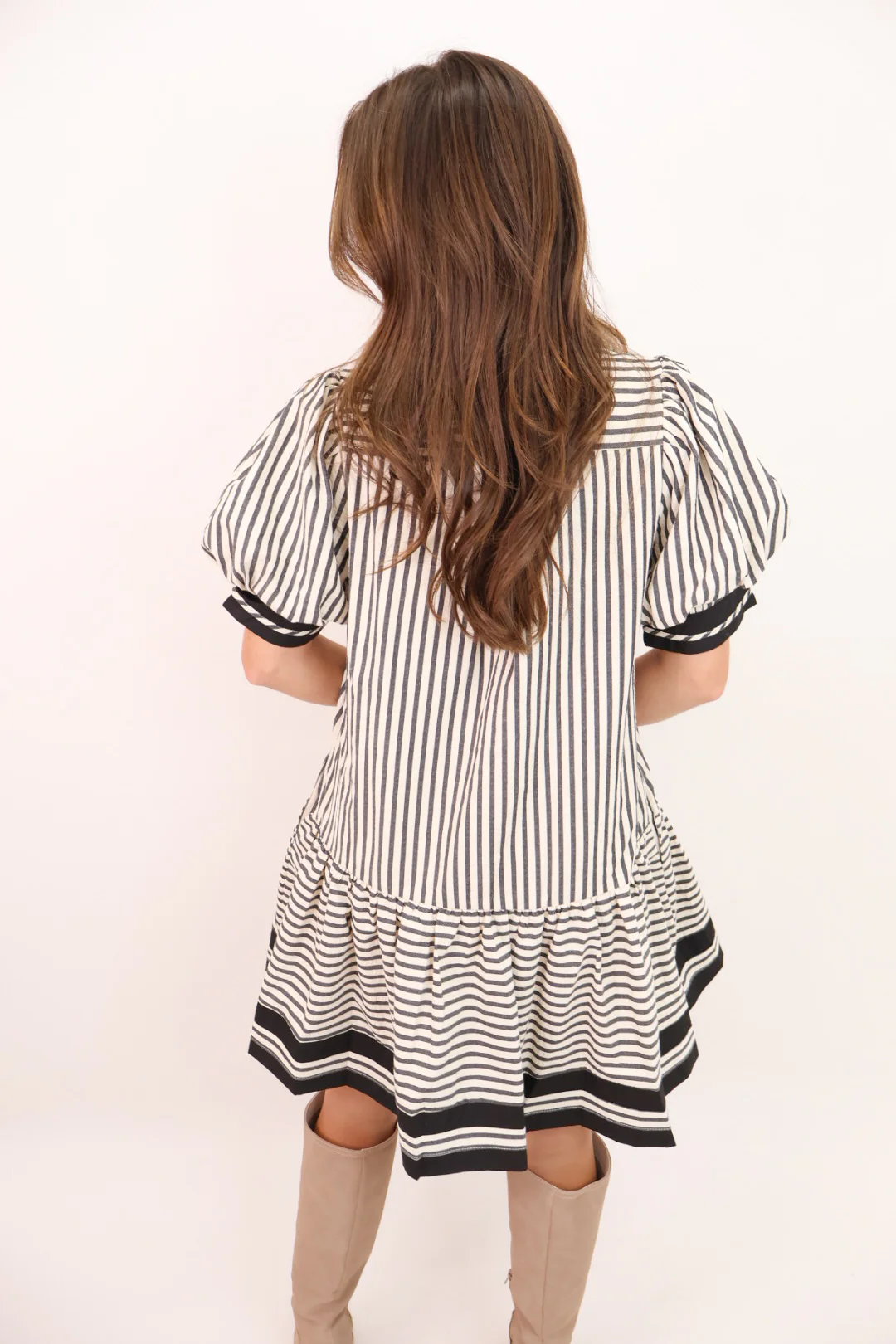 Black Striped Puff Sleeve Dress