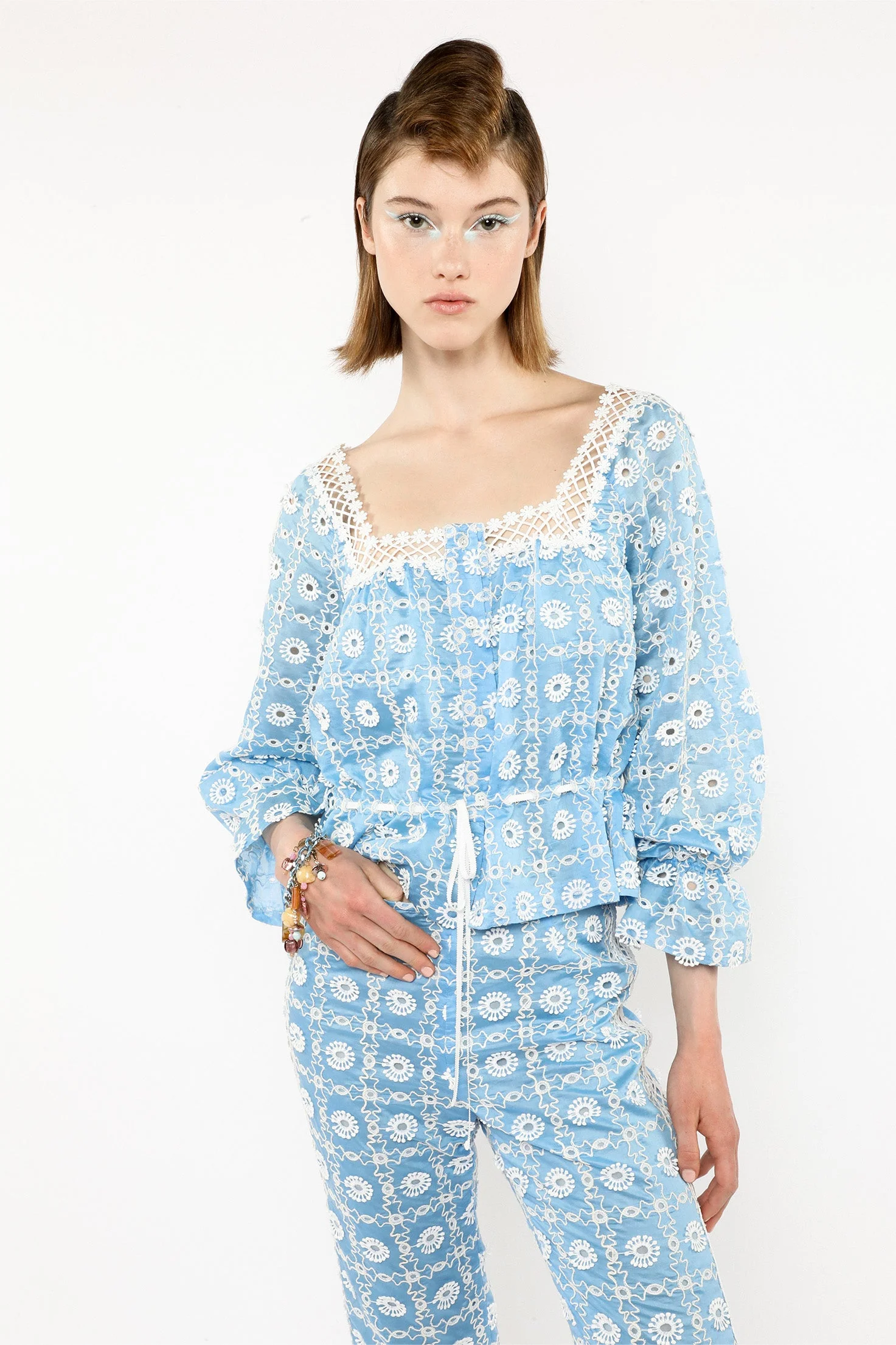Lattice Lace Embroidery Tie Blouse