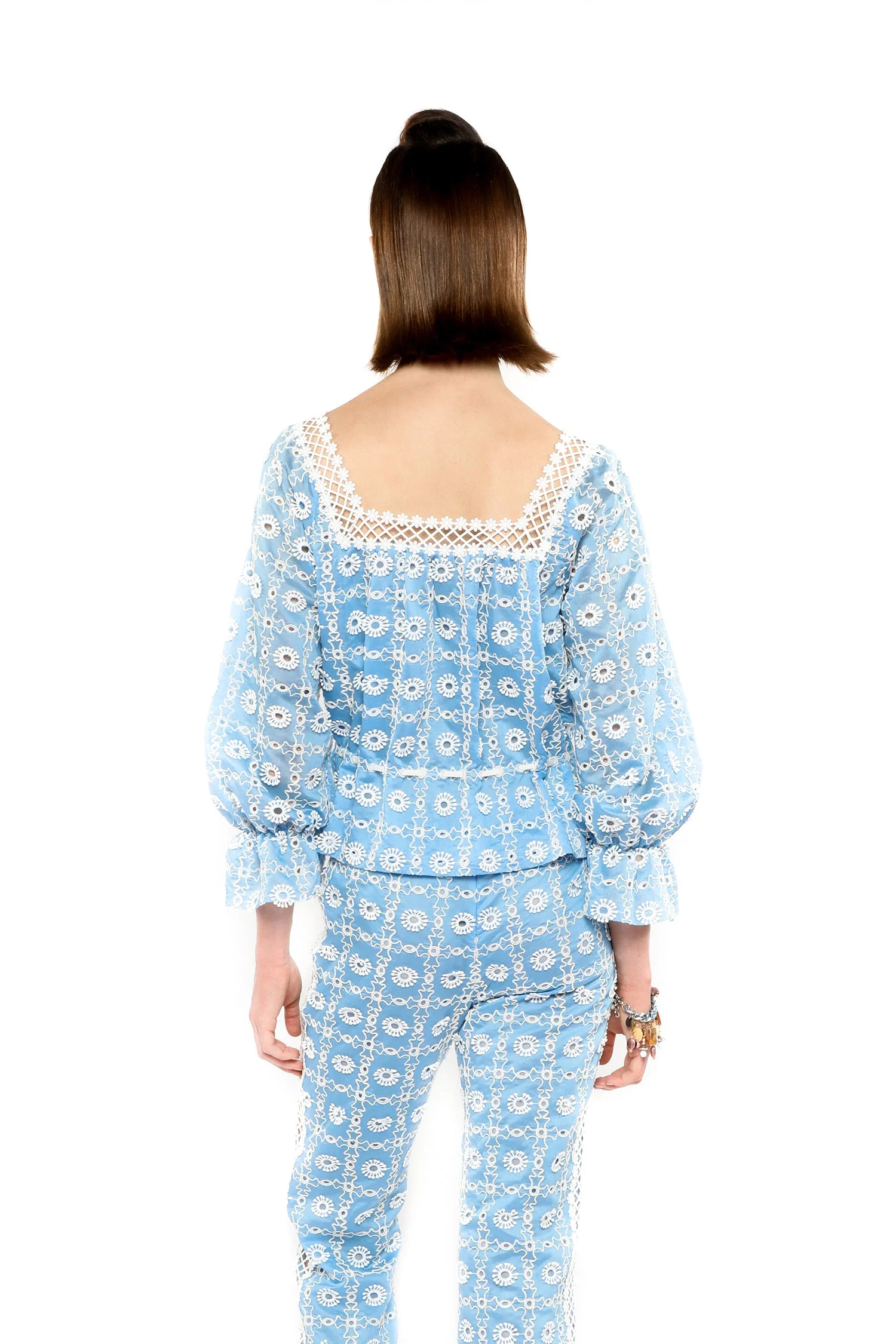 Lattice Lace Embroidery Tie Blouse