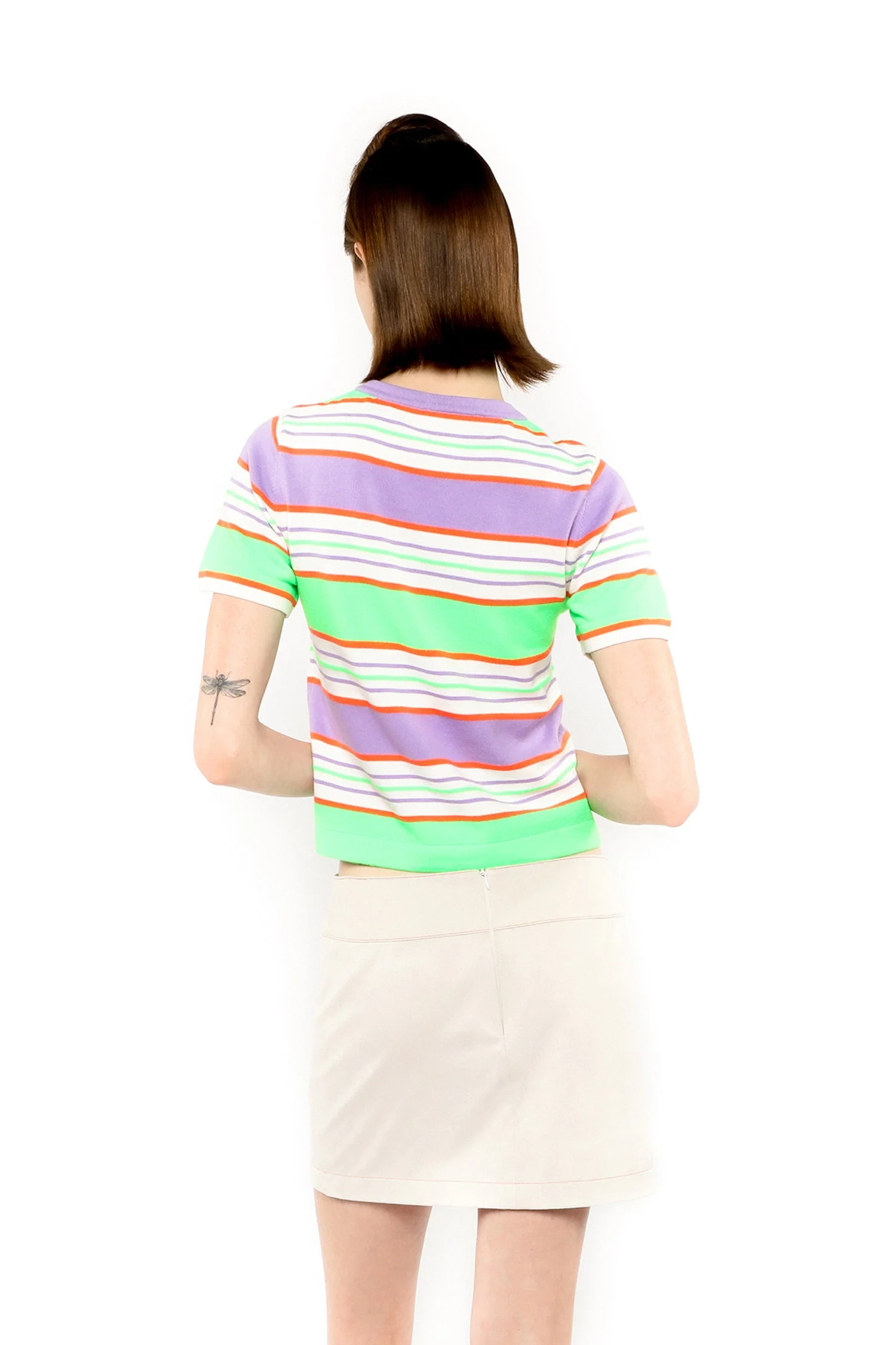 Fluorescent Stripe Short Sleeve Knit Top-Lavender
