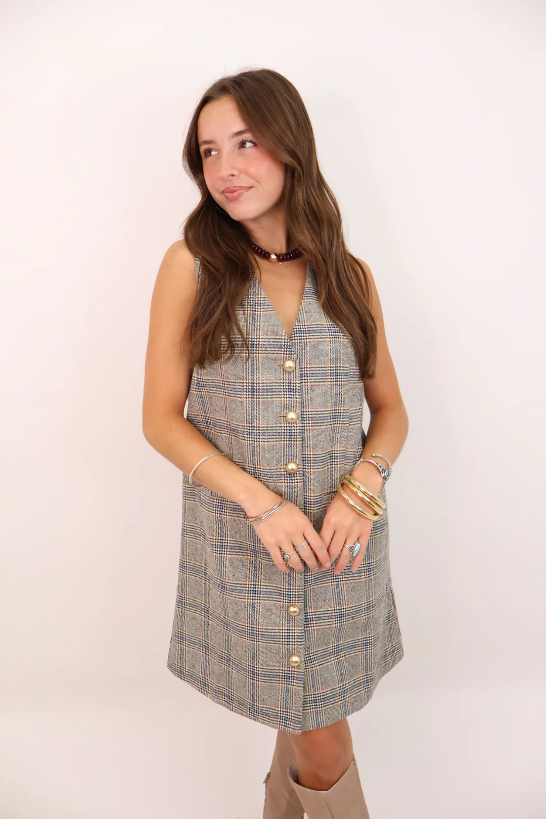 Plaid Button-Front Tailored Dress