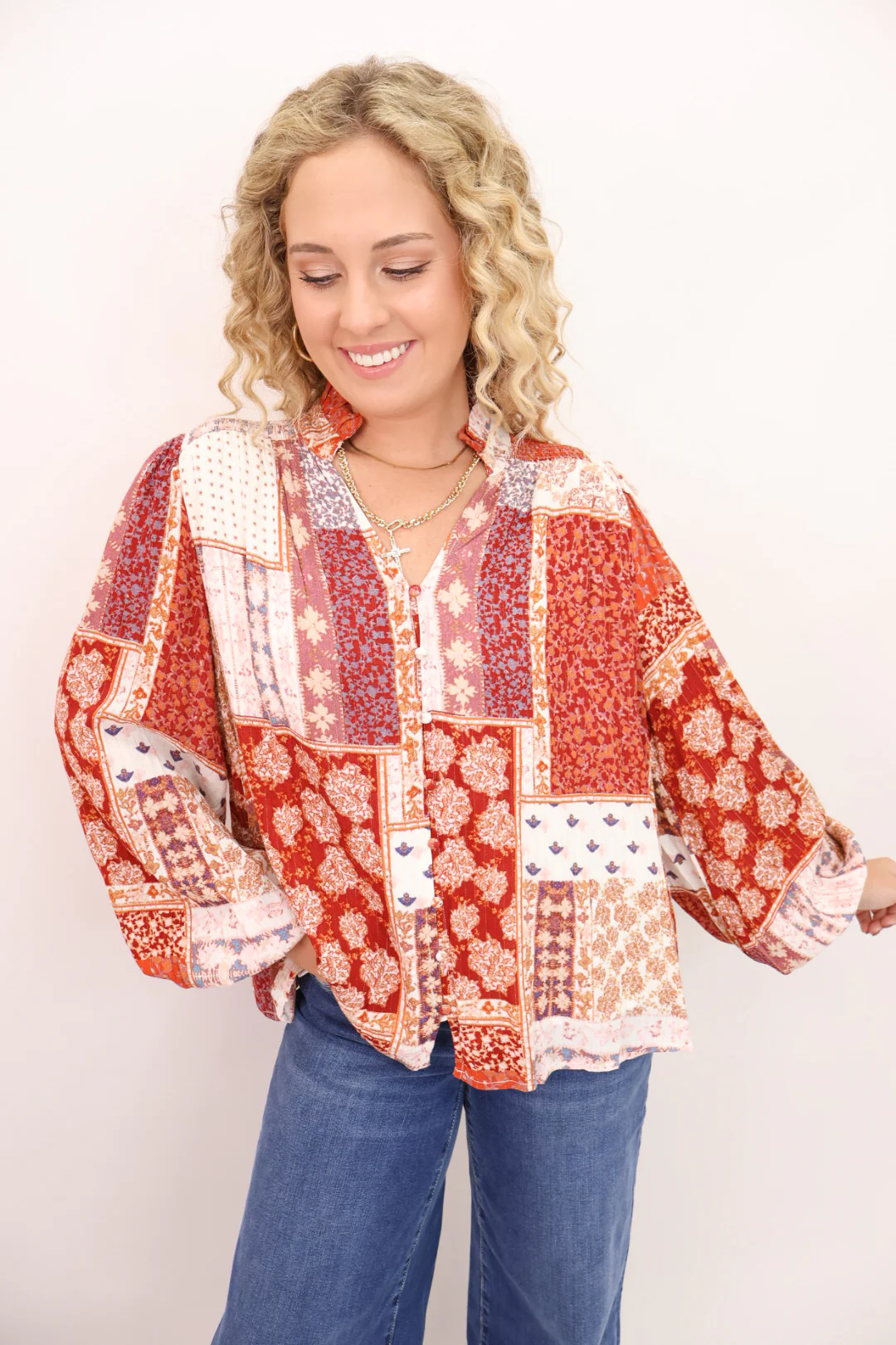 Rust Patchwork Print Top
