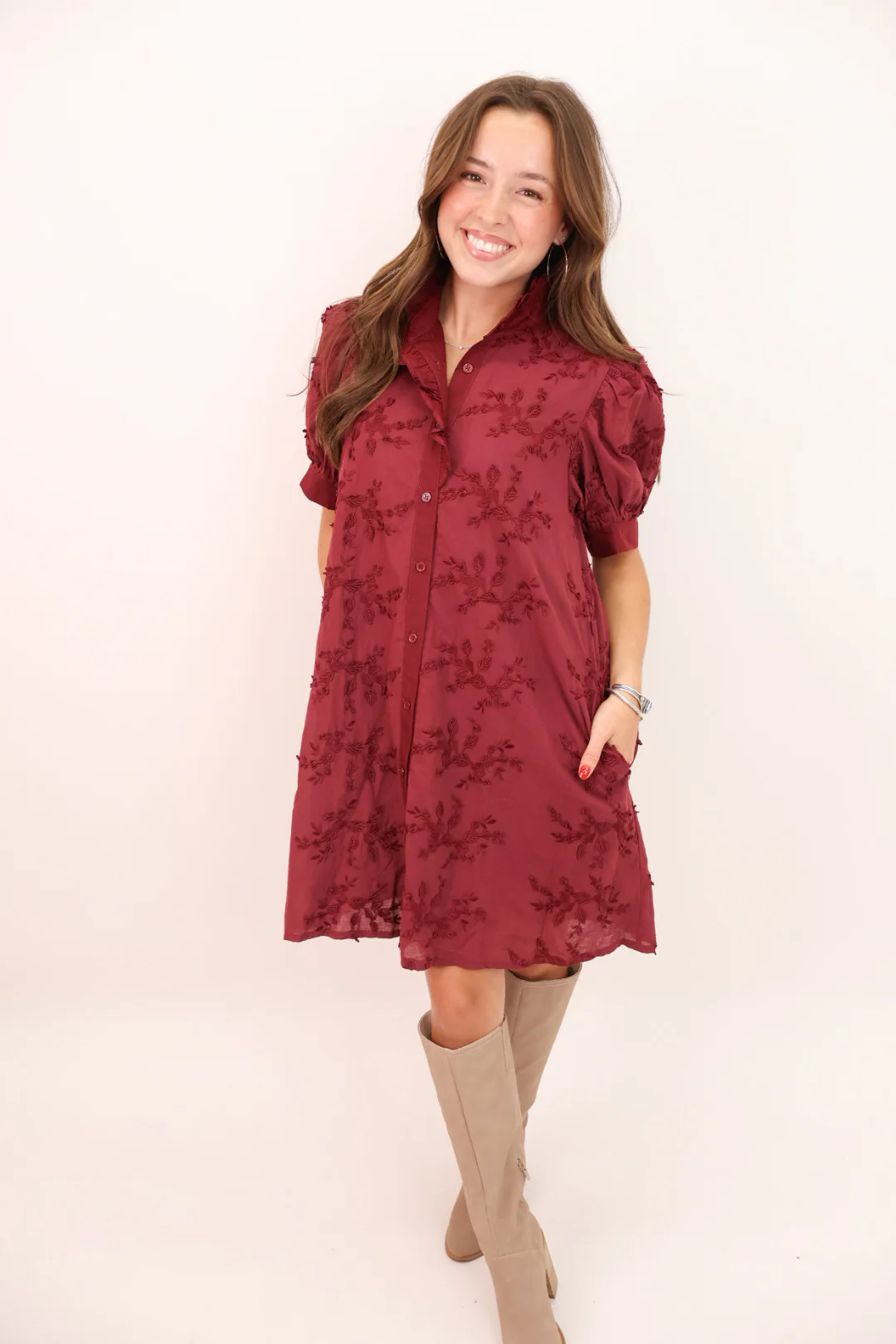 Embroidered Fall Dress - Burgundy