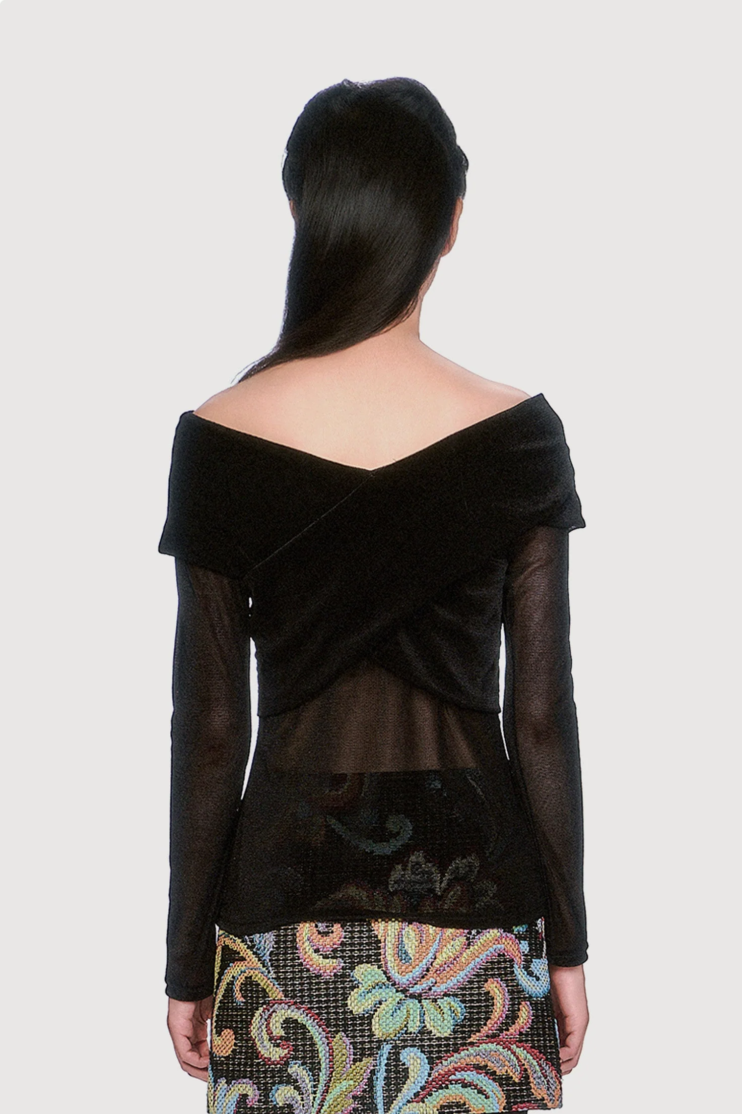 Velvet Mesh Off the Shoulder Top - Black