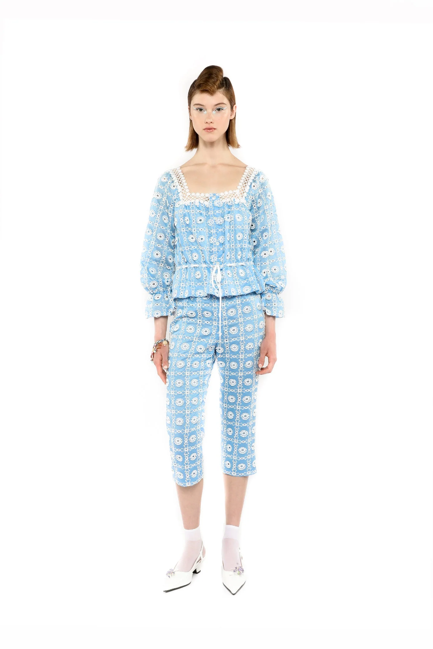 Lattice Lace Embroidery Tie Blouse