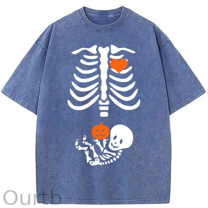 Skeleton Halloween Maternity Pregnancy Announcement Fall Mom Washed Cotton T-Shirt
