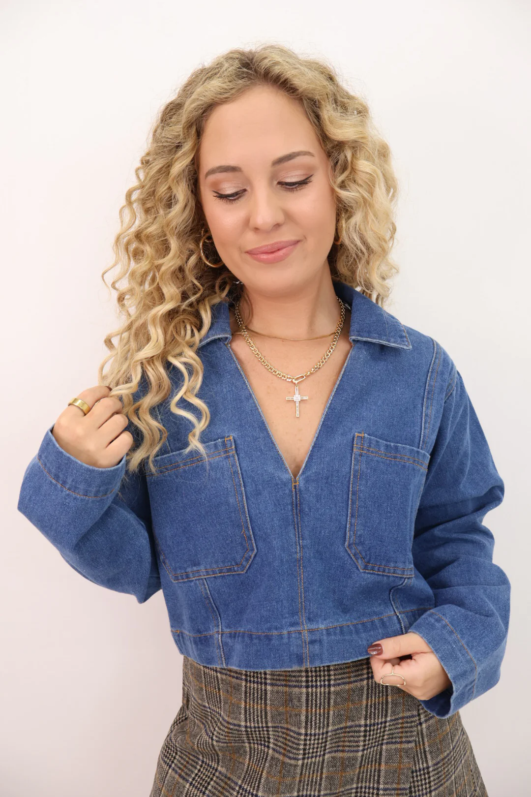 Cropped Denim Long Sleeve Top