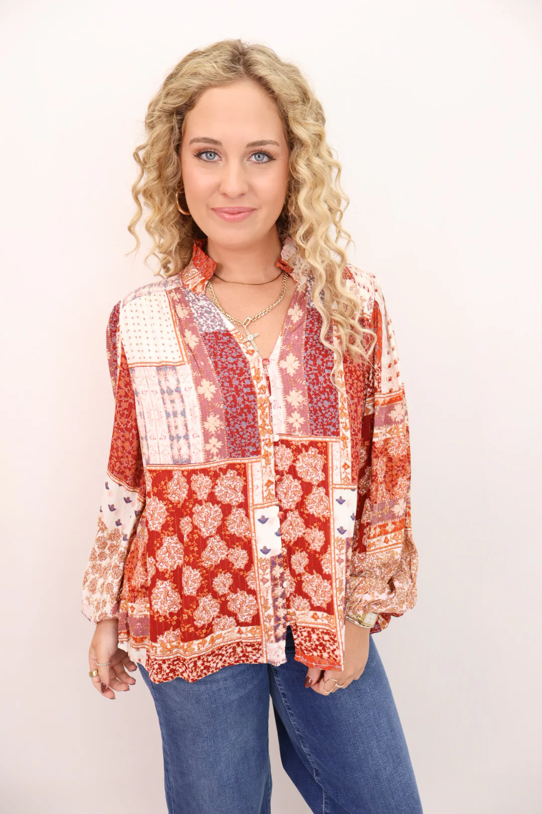 Rust Patchwork Print Top
